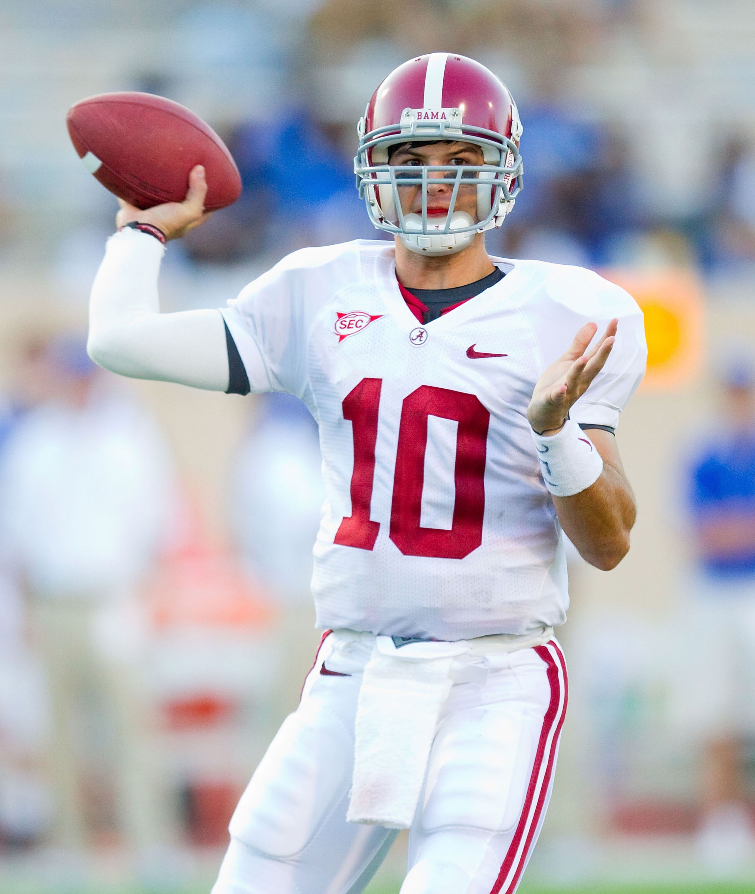 DURHAM, NC - SEPTEMBER 18: A.J. McCarron #10 of the Alabama Crimson Tide makes a pass during fourth quarter action against the Duke Blue Devils at Wallace Wade Stadium on September 18, 2010 in Durham, North Carolina.  The Crimson Tide defeated the Blue De