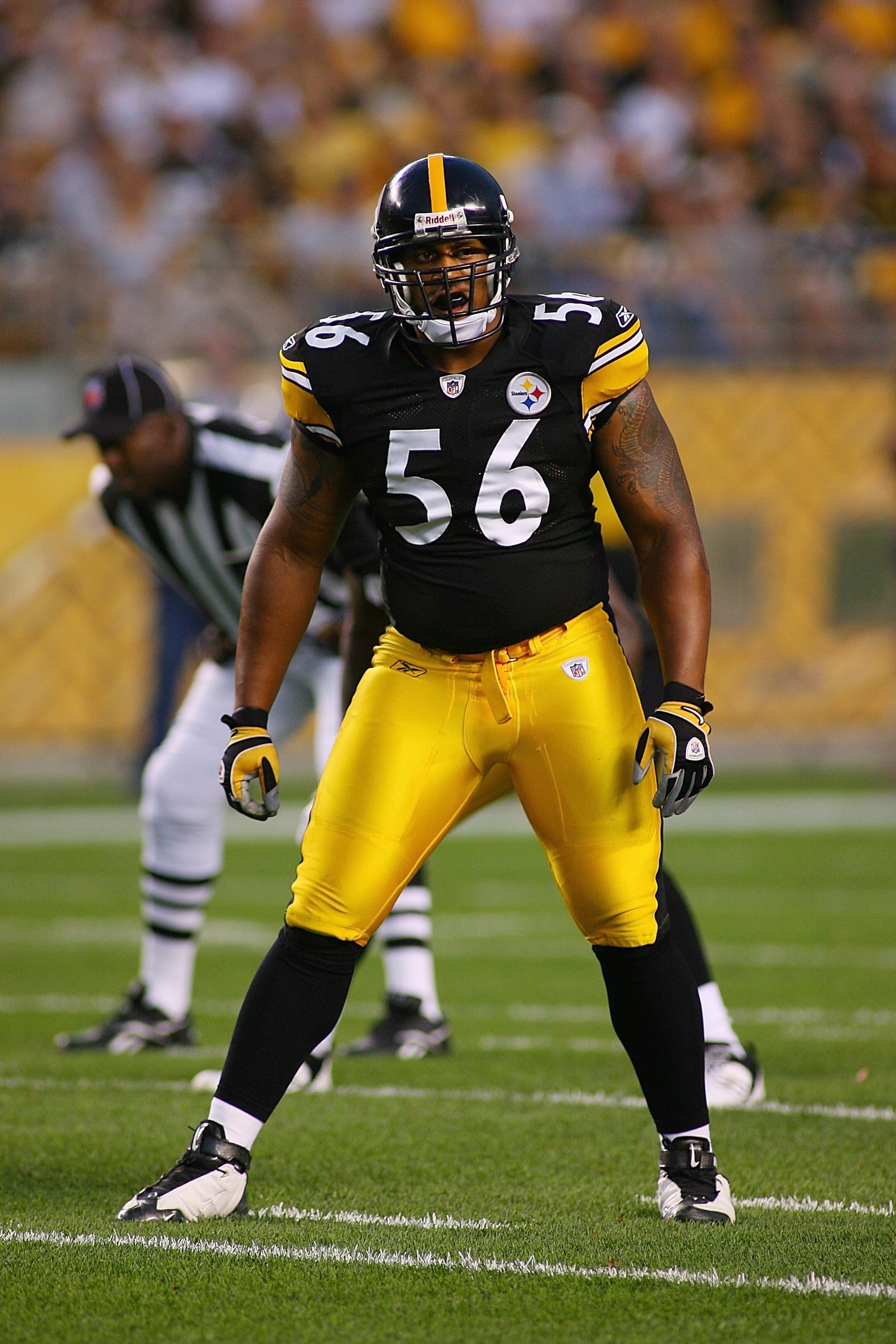 PITTSBURGH - AUGUST 13:  LaMarr Woodley #56 of the Pittsburgh Steelers stands on the field during the preseason NFL game against the Arizona Cardinals at Heinz Field on August 13, 2009 in Pittsburgh, Pennsylvania.  The Steelers won 20-10.  (Photo by Rick