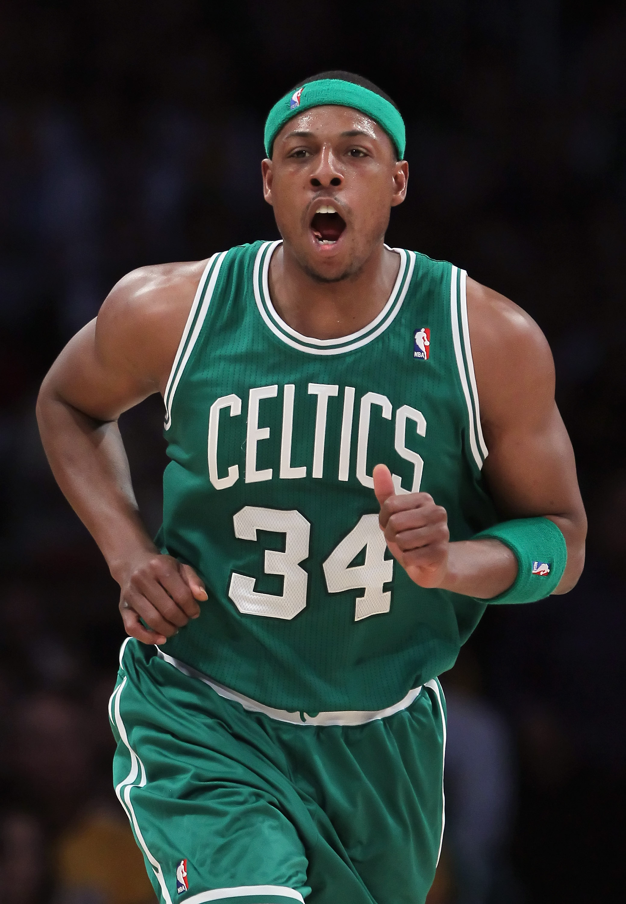 LOS ANGELES, CA - JANUARY 30:  Paul Pierce #34 of the Boston Celtics yells after scoring a basket against the Los Angeles Lakers in the first half at Staples Center on January 30, 2011 in Los Angeles, California. The Celtics defeated the Lakers 109-96.  (