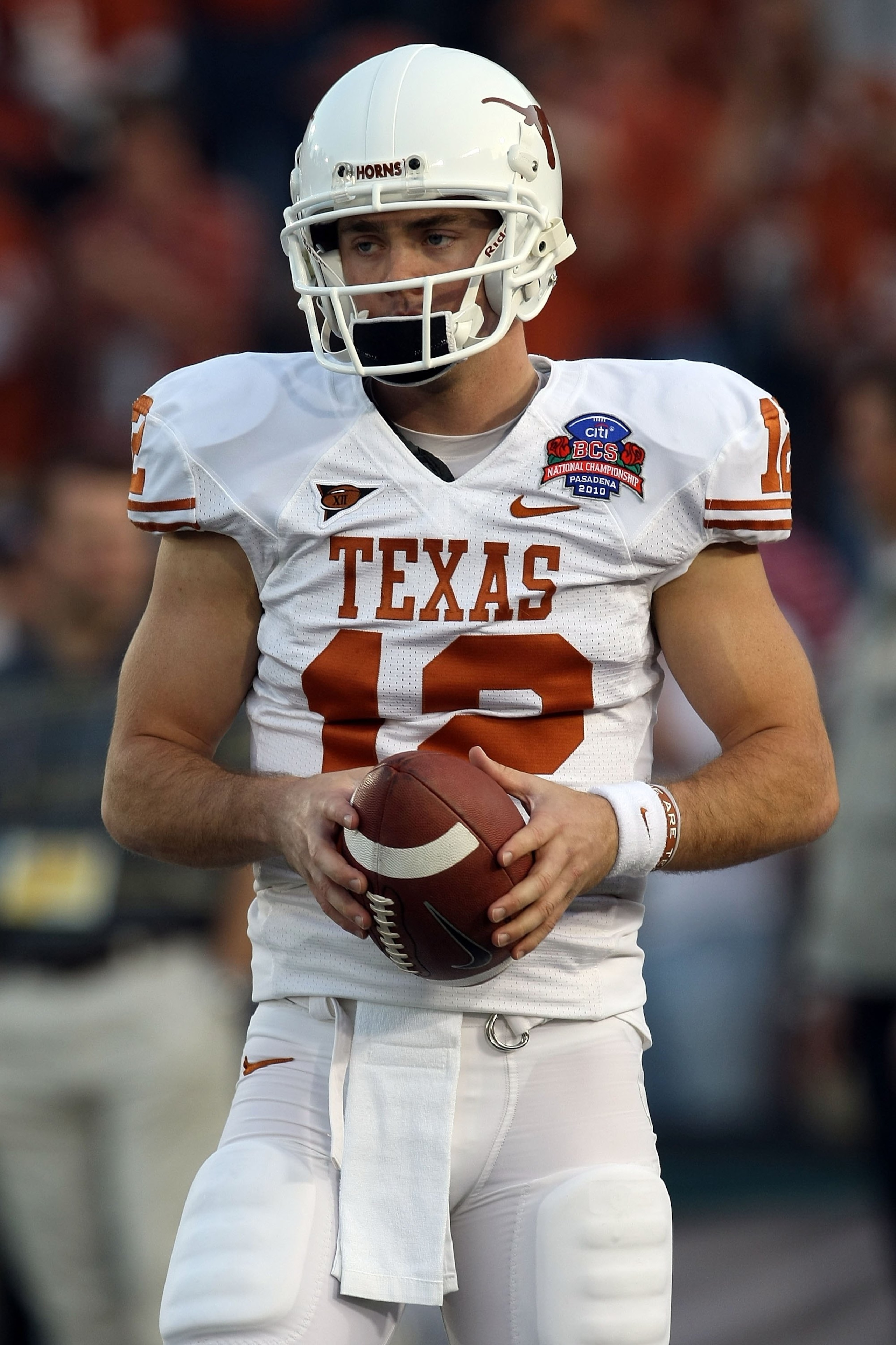 PASADENA, CA - JANUARY 07: Quarterback Colt McCoy #12 of the Texas Longhorns looks on before taking on the Alabama Crimson Tide in the Citi BCS National Championship game at the Rose Bowl on January 7, 2010 in Pasadena, California. (Photo by Stephen Dun PASADENA, CA - JANUARY 07: Quarterback Colt McCoy #12 of the Texas Longhorns looks on before taking on the Alabama Crimson Tide in the Citi BCS National Championship game at the Rose Bowl on January 7, 2010 in Pasadena, California. (Photo by Stephen Dun