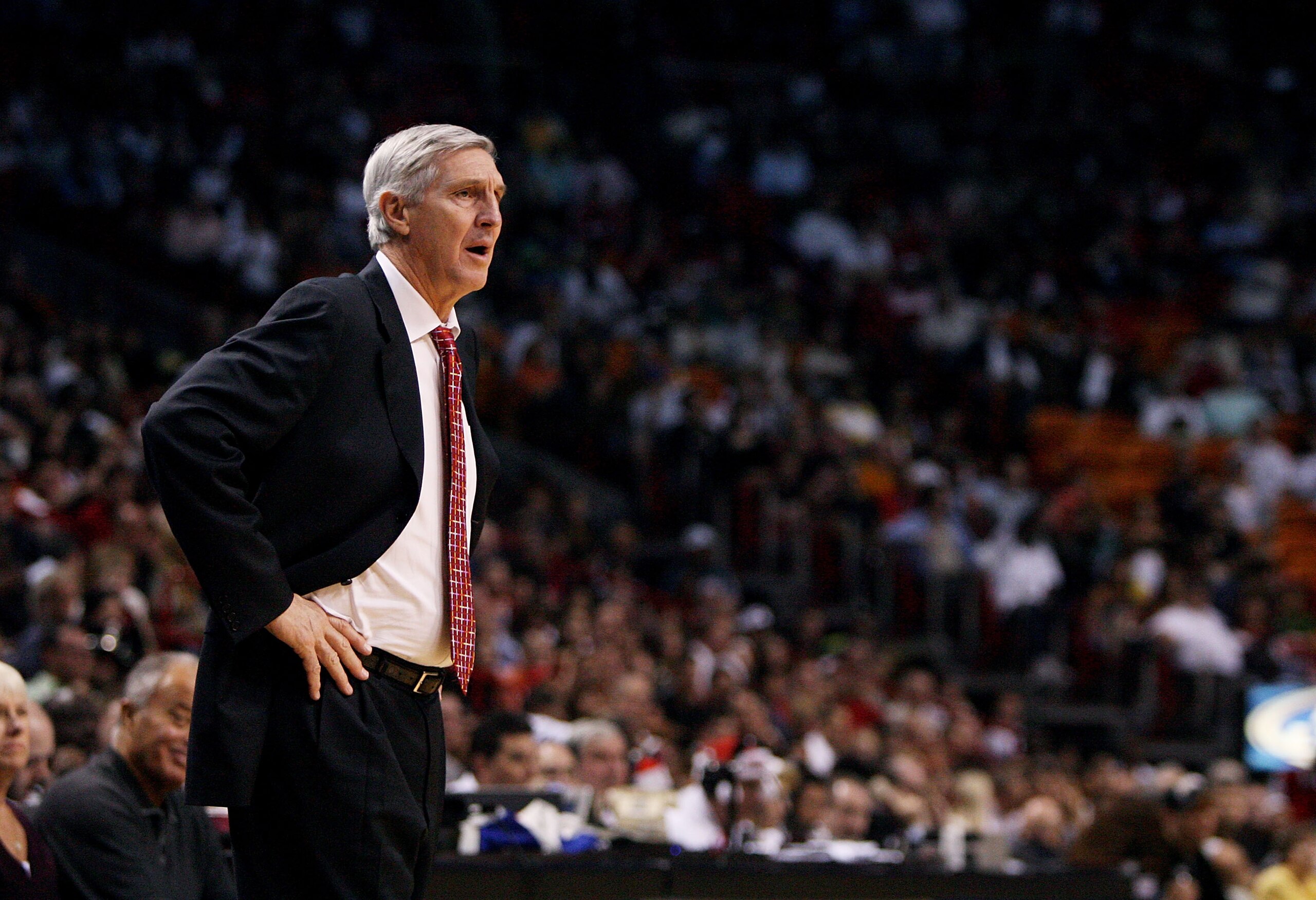 MIAMI - DECEMBER 22:  Head coach Jerry Sloan of the Utah Jazz watches his team take on the Miami Heat at American Airlines Arena December 22, 2007 in Miami, Florida. The Heat defeated the Jazz 104-102. NOTE TO USER: User expressly acknowledges and agrees