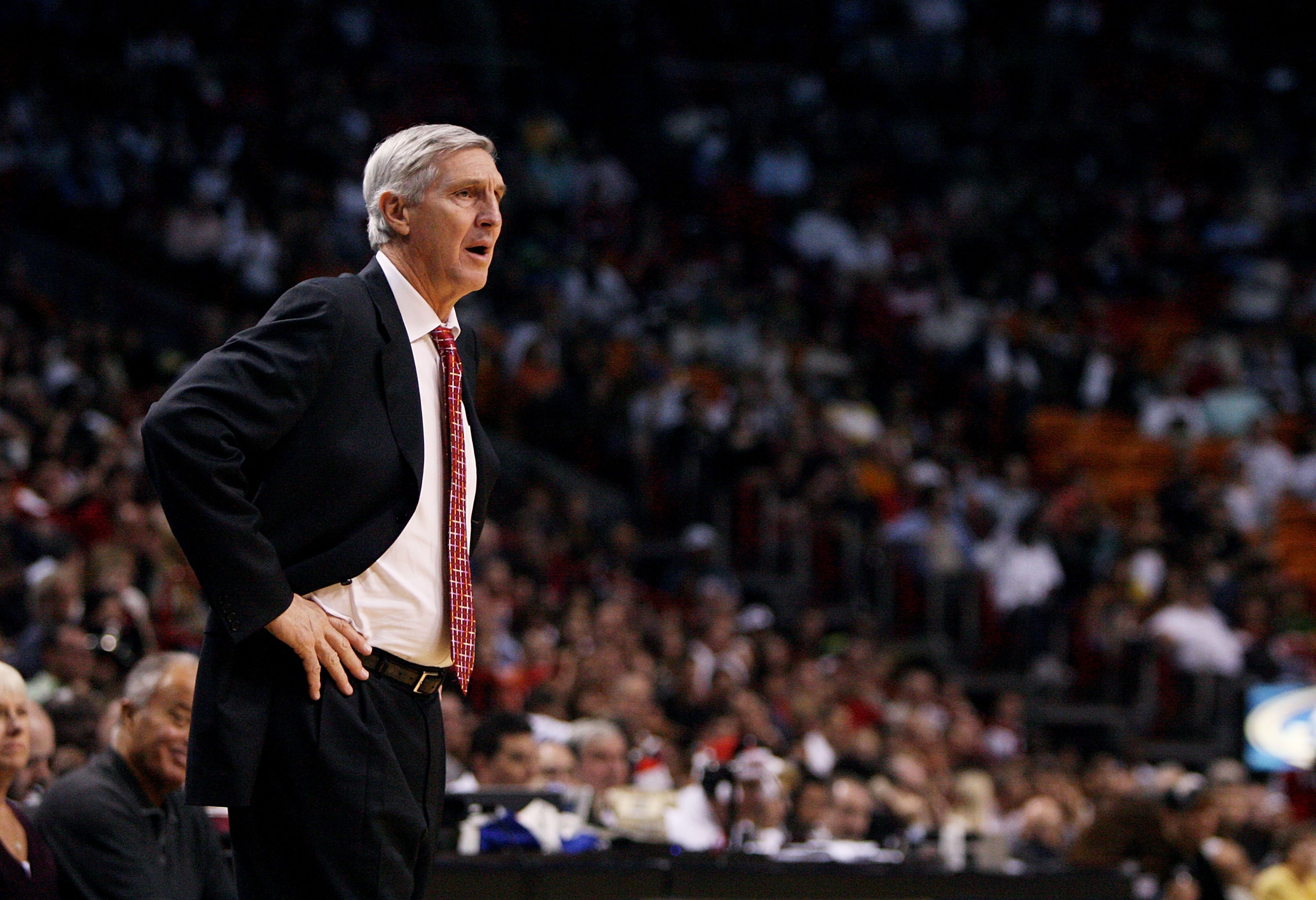 MIAMI - DECEMBER 22:  Head coach Jerry Sloan of the Utah Jazz watches his team take on the Miami Heat at American Airlines Arena December 22, 2007 in Miami, Florida. The Heat defeated the Jazz 104-102. NOTE TO USER: User expressly acknowledges and agrees