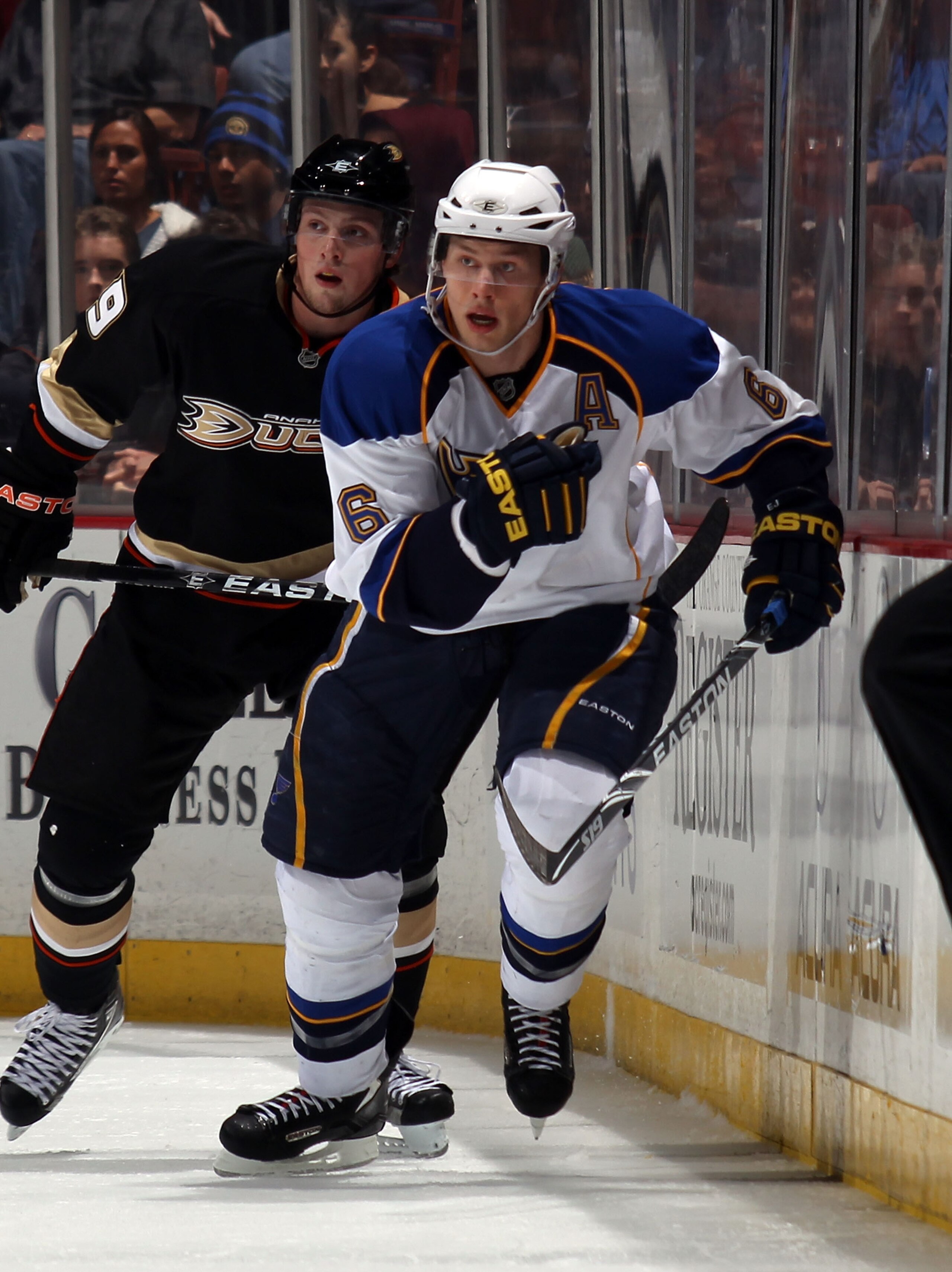 ANAHEIM, CA - JANUARY 12: Erik Johnson #6 of the St. Louis Blues skates against the Anaheim Ducks at the Honda Center on January 12, 2011 in Anaheim, California.  (Photo by Bruce Bennett/Getty Images)