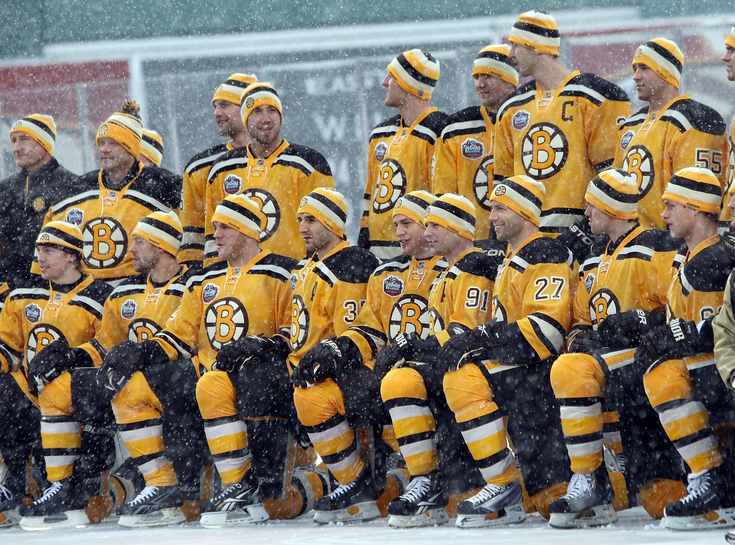 BOSTON - DECEMBER 31:  The Boston Bruins pose for a team pictures before the Bridgestone NHL Winter Classic on December 31, 2009 at Fenway Park in Boston, Massachusetts.  (Photo by Elsa/Getty Images)