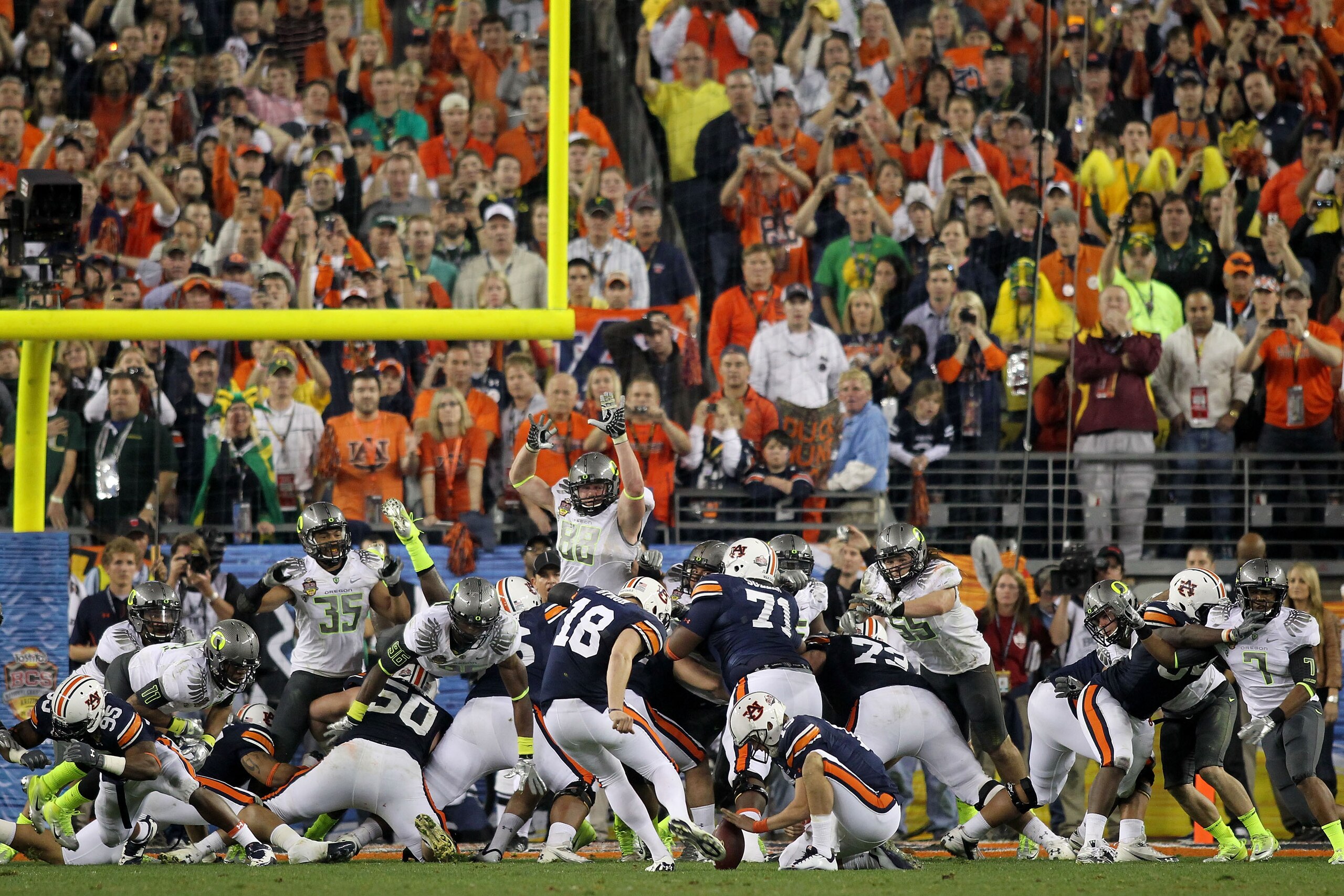 GLENDALE, AZ - JANUARY 10: Wes Byrum #18 of the Auburn Tigers kicks the ball against the Oregon Ducks during the Tostitos BCS National Championship Game at University of Phoenix Stadium on January 10, 2011 in Glendale, Arizona. (Photo by Jonathan Ferrey GLENDALE, AZ - JANUARY 10: Wes Byrum #18 of the Auburn Tigers kicks the ball against the Oregon Ducks during the Tostitos BCS National Championship Game at University of Phoenix Stadium on January 10, 2011 in Glendale, Arizona. (Photo by Jonathan Ferrey