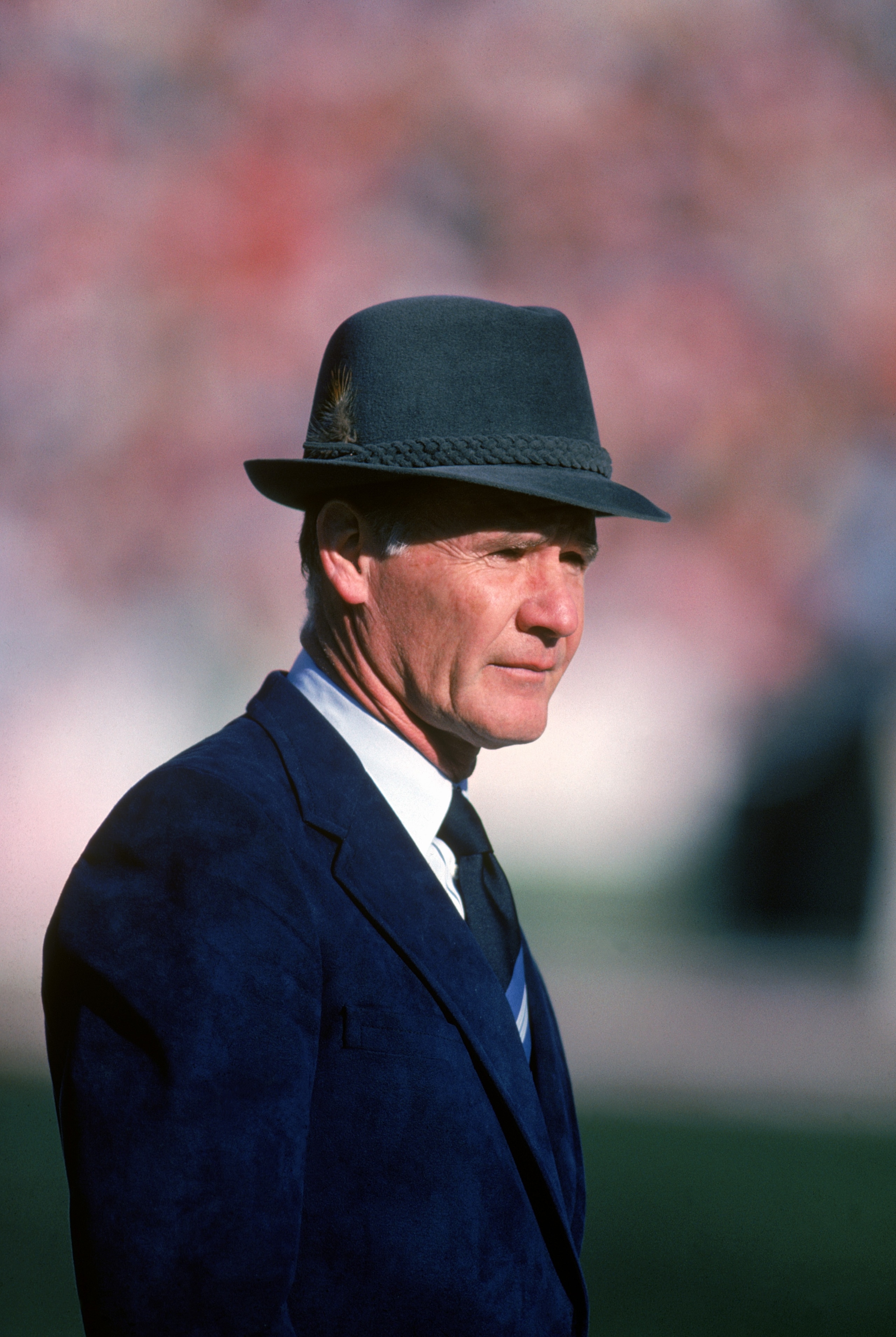 1983:  Head coach Tom Landry of the Dallas Cowboys watches from the sideline during a game in the 1988 season.  Tom Landry coached the Cowboys from 1960 to 1988, leading them to two Super Bowl victories.  (Photo by Getty Images)