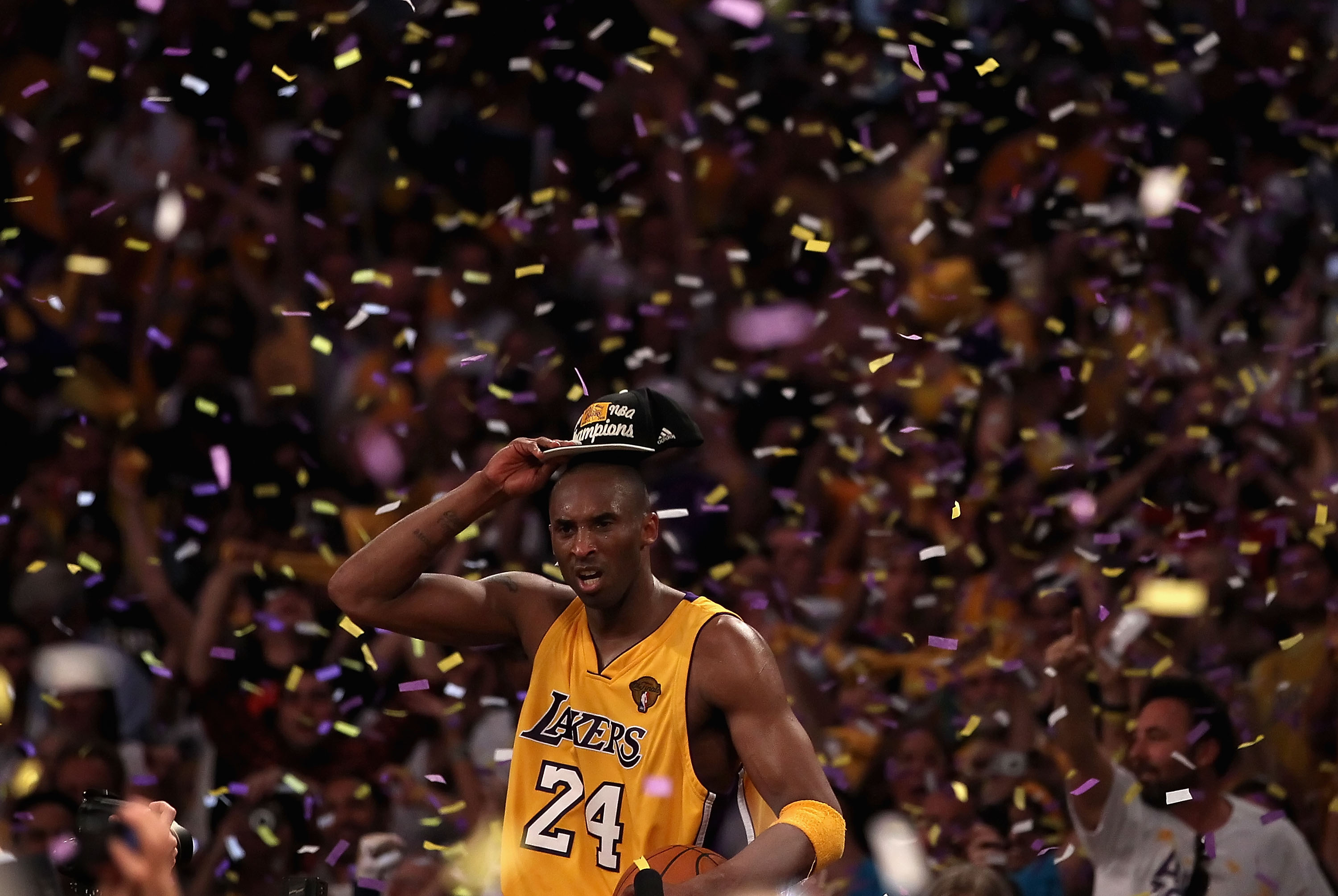 LOS ANGELES, CA - JUNE 17:  Kobe Bryant #24 of the Los Angeles Lakers celebrates after the Lakers defeated the Boston Celtics in Game Seven of the 2010 NBA Finals at Staples Center on June 17, 2010 in Los Angeles, California. The Lakers defeated the Celti