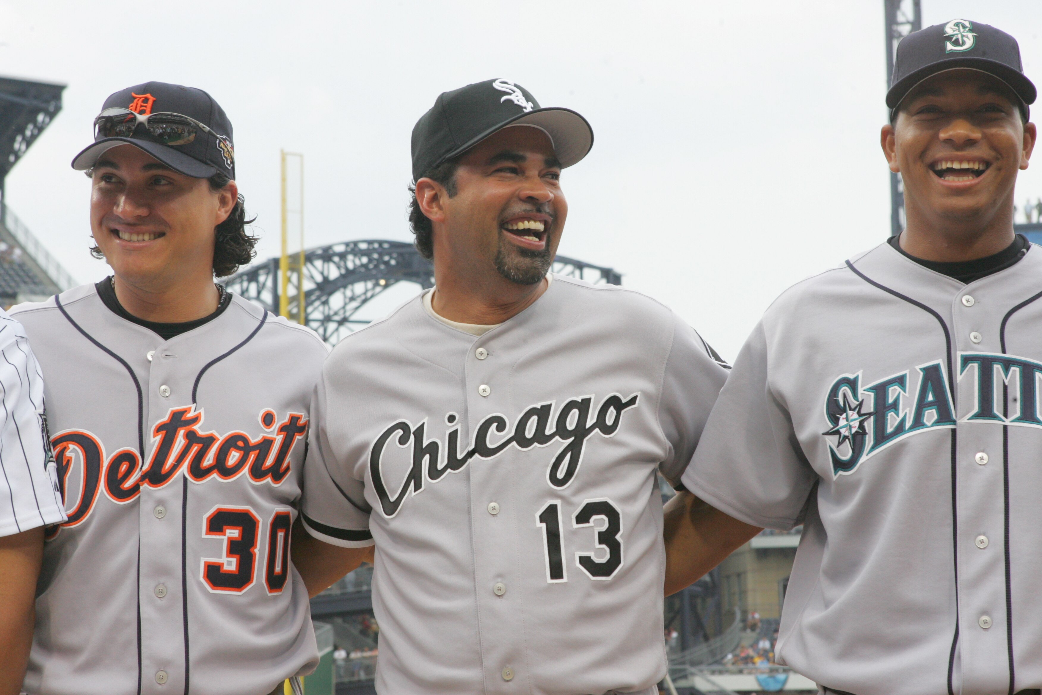 PITTSBURGH - JULY 11:  (L-R) American League All-Stars, right fielder Magglio Ordonez #30, manager Ozzie Guillen #13, and second baseman Jose Lopez #4, stand together before the 77th MLB All-Star Game against the National League on July 11, 2006 at PNC Pa