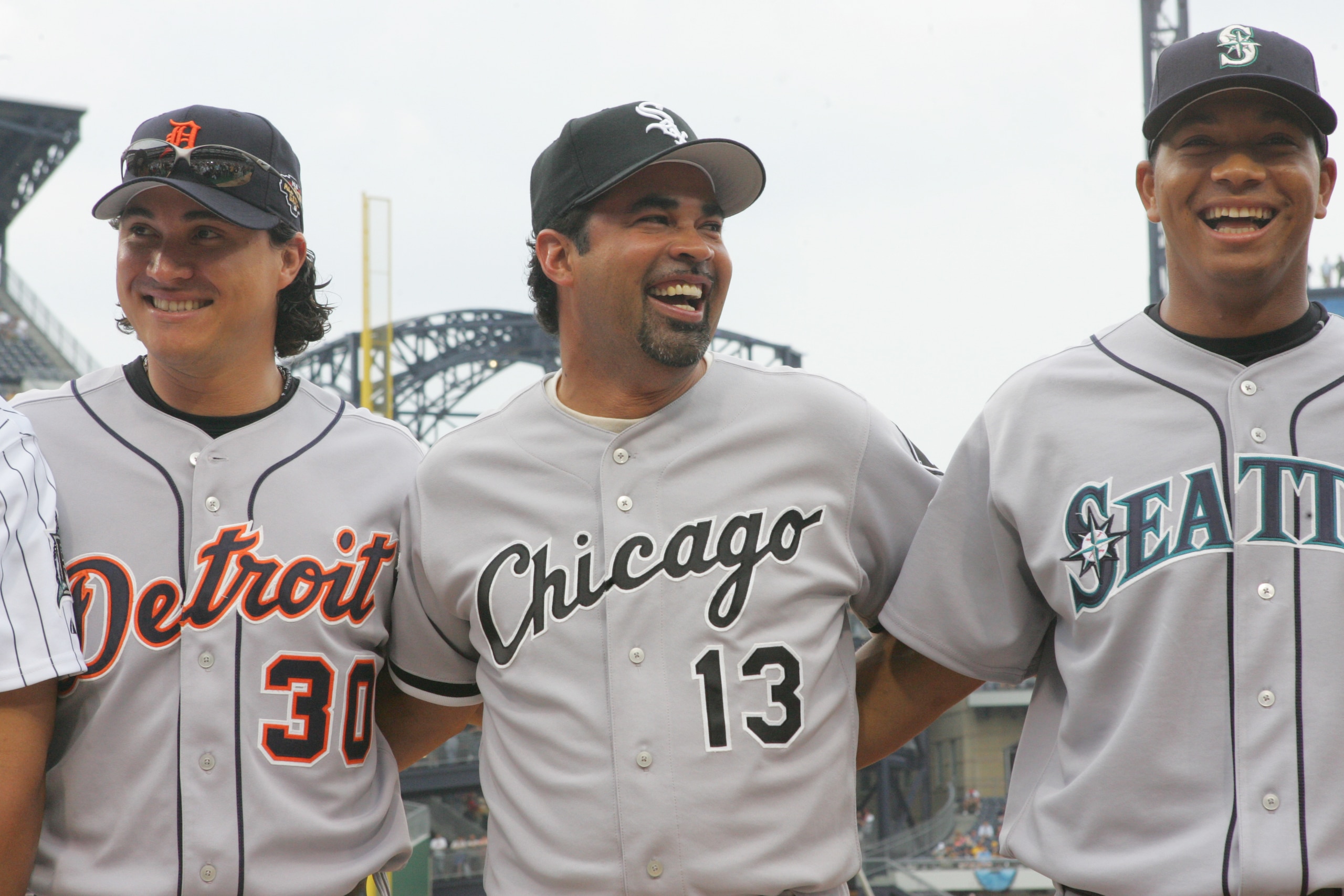 PITTSBURGH - JULY 11:  (L-R) American League All-Stars, right fielder Magglio Ordonez #30, manager Ozzie Guillen #13, and second baseman Jose Lopez #4, stand together before the 77th MLB All-Star Game against the National League on July 11, 2006 at PNC Pa