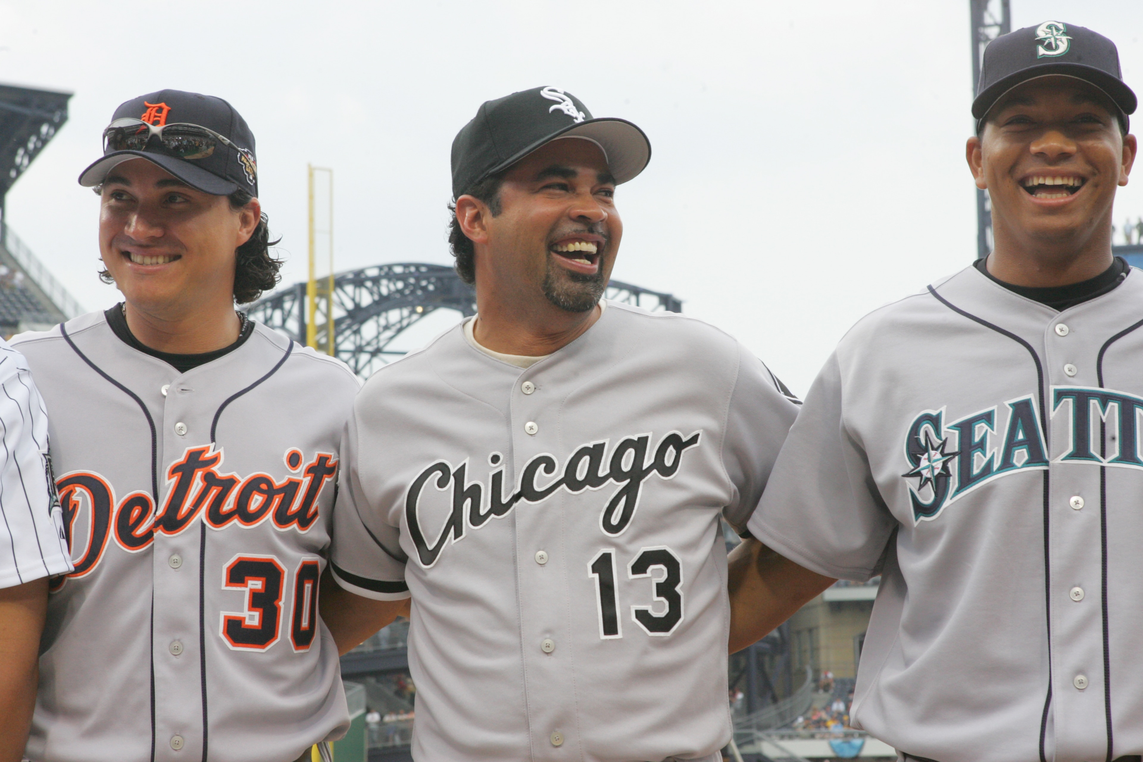PITTSBURGH - JULY 11:  (L-R) American League All-Stars, right fielder Magglio Ordonez #30, manager Ozzie Guillen #13, and second baseman Jose Lopez #4, stand together before the 77th MLB All-Star Game against the National League on July 11, 2006 at PNC Pa