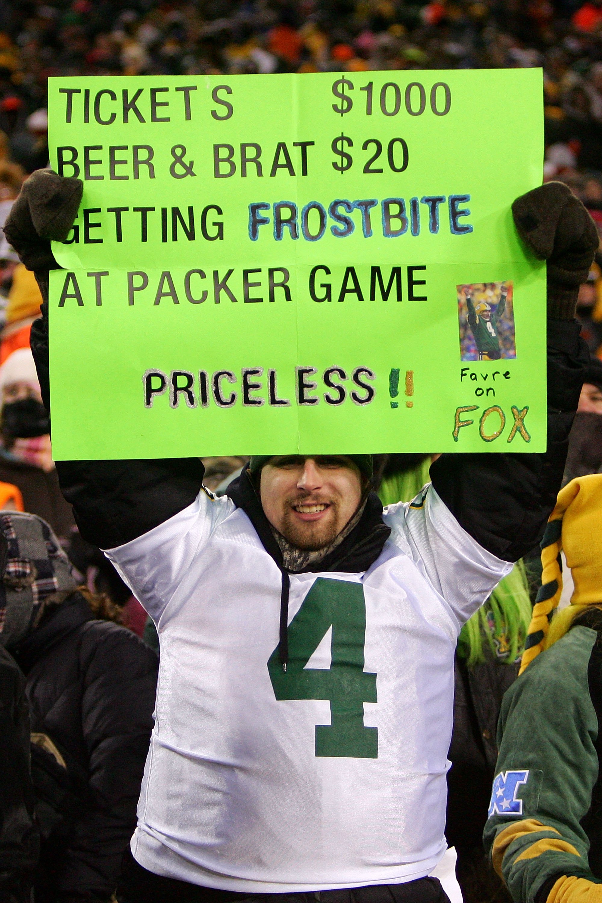 GREEN BAY, WI - JANUARY 20:  A fan of the Green Bay Packers holds up a sign during the NFC championship game against the New York Giants on January 20, 2008 at Lambeau Field in Green Bay, Wisconsin. The Giants defeated the Packers 23-20 in overtime to adv