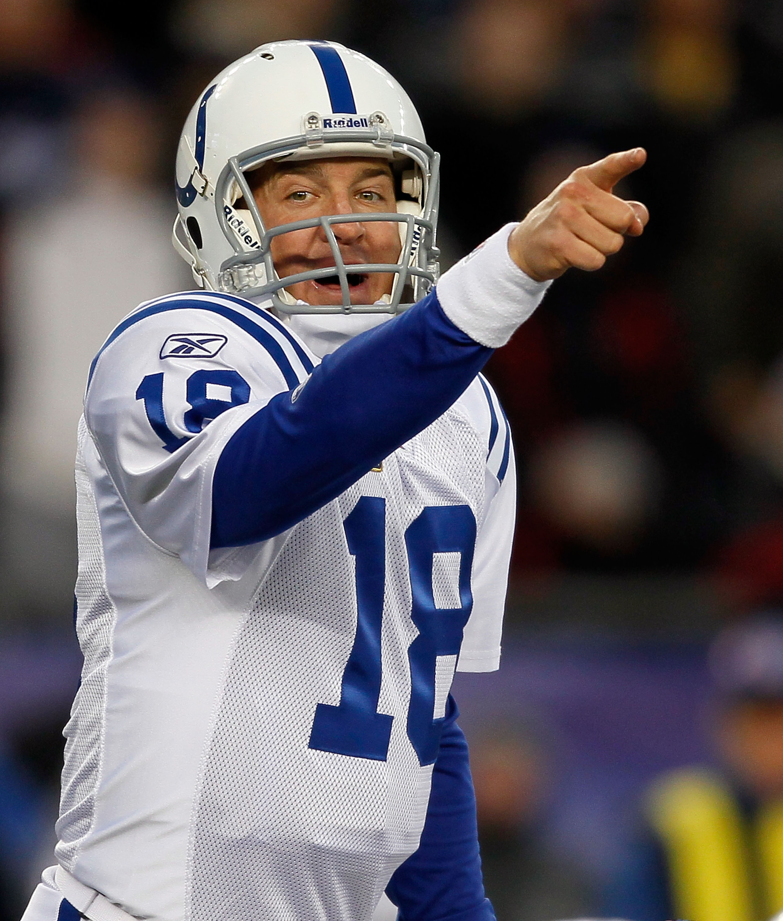 FOXBORO, MA - NOVEMBER 21:  Peyton Manning #18 of the Indianapolis Colts gestures against the New England Patriots at Gillette Stadium on November 21, 2010 in Foxboro, Massachusetts. (Photo by Jim Rogash/Getty Images)