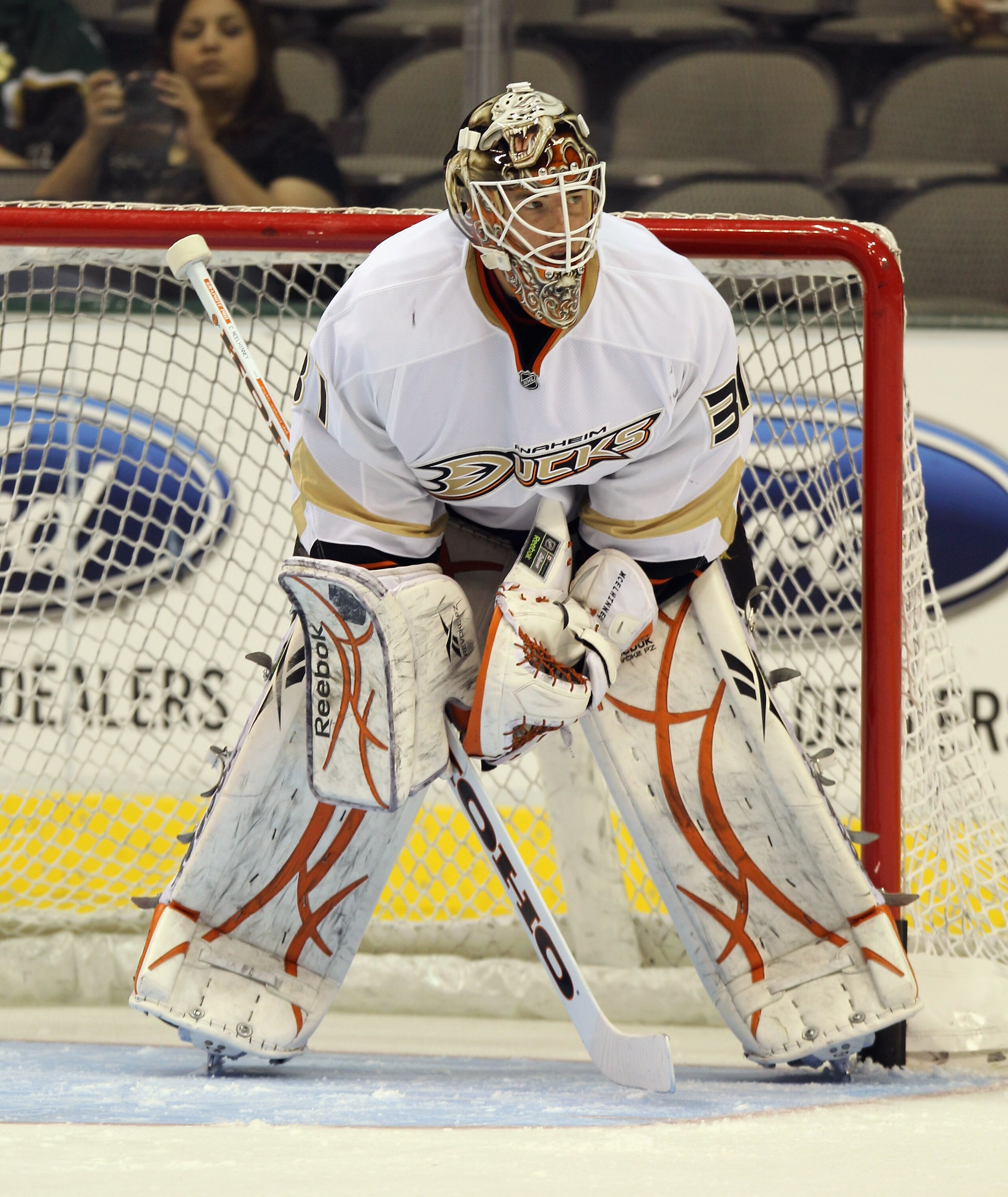 DALLAS - OCTOBER 26: Curtis McElhinney #31  of the Anaheim Ducks skates in warmup sprior to the game against the Dallas Stars at the American Airlines Center on October 26, 2010 in Dallas, Texas. The Ducks defeated the Stars 5-2.  (Photo by Bruce Bennett/
