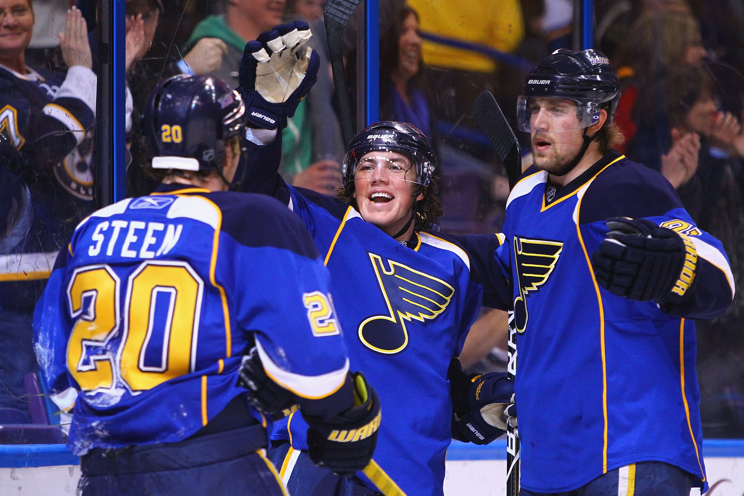 ST. LOUIS, MO - FEBRUARY  4: T.J. Oshie #74 and Patrik Berglund #21 of the St. Louis Blues celebrate Oshie's goal against the Edmonton Oilers at the Scottrade Center on February 4, 2011 in St. Louis, Missouri.  (Photo by Dilip Vishwanat/Getty Images)
