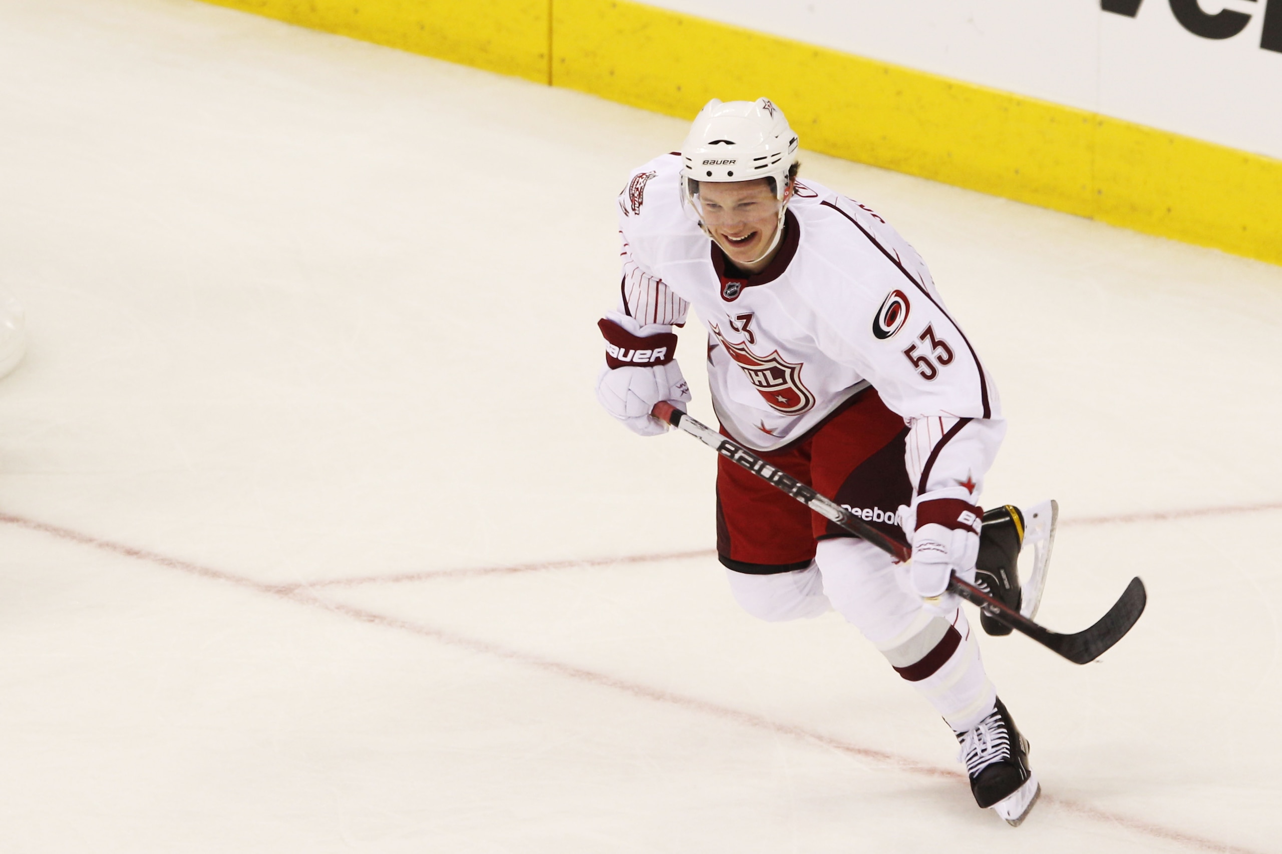 RALEIGH, NC - JANUARY 30:  Jeff Skinner #53 of the Carolina Hurricanes and Team Staal controls the puck against Team Lidstrom in the 58th NHL All-Star Game at RBC Center on January 30, 2011 in Raleigh, North Carolina.  (Photo by Bruce Bennett/Getty Images