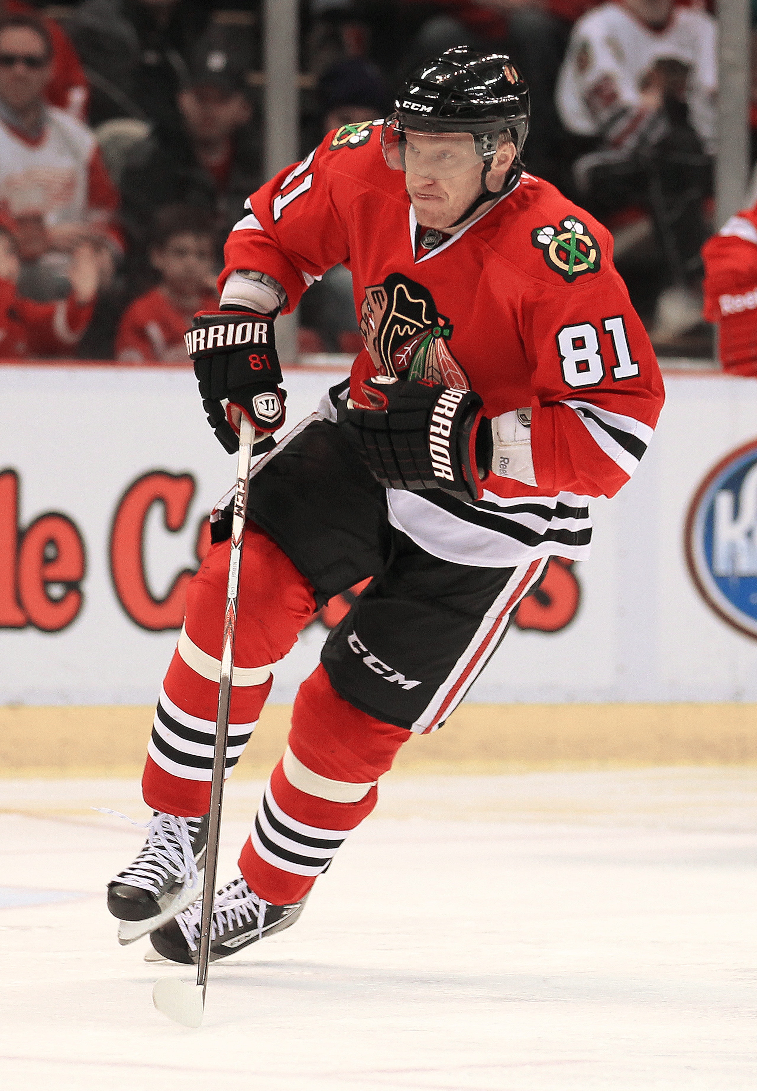 DETROIT, MI - JANUARY 22:  Marian Hossa #81 of the Chicago Black Hawks skates in a game against the Detroit Red Wings on January 22, 2011 at the Joe Louis Arena in Detroit, Michigan. The Hawks defeated the Wings 4-1. (Photo by Claus Andersen/Getty Images)