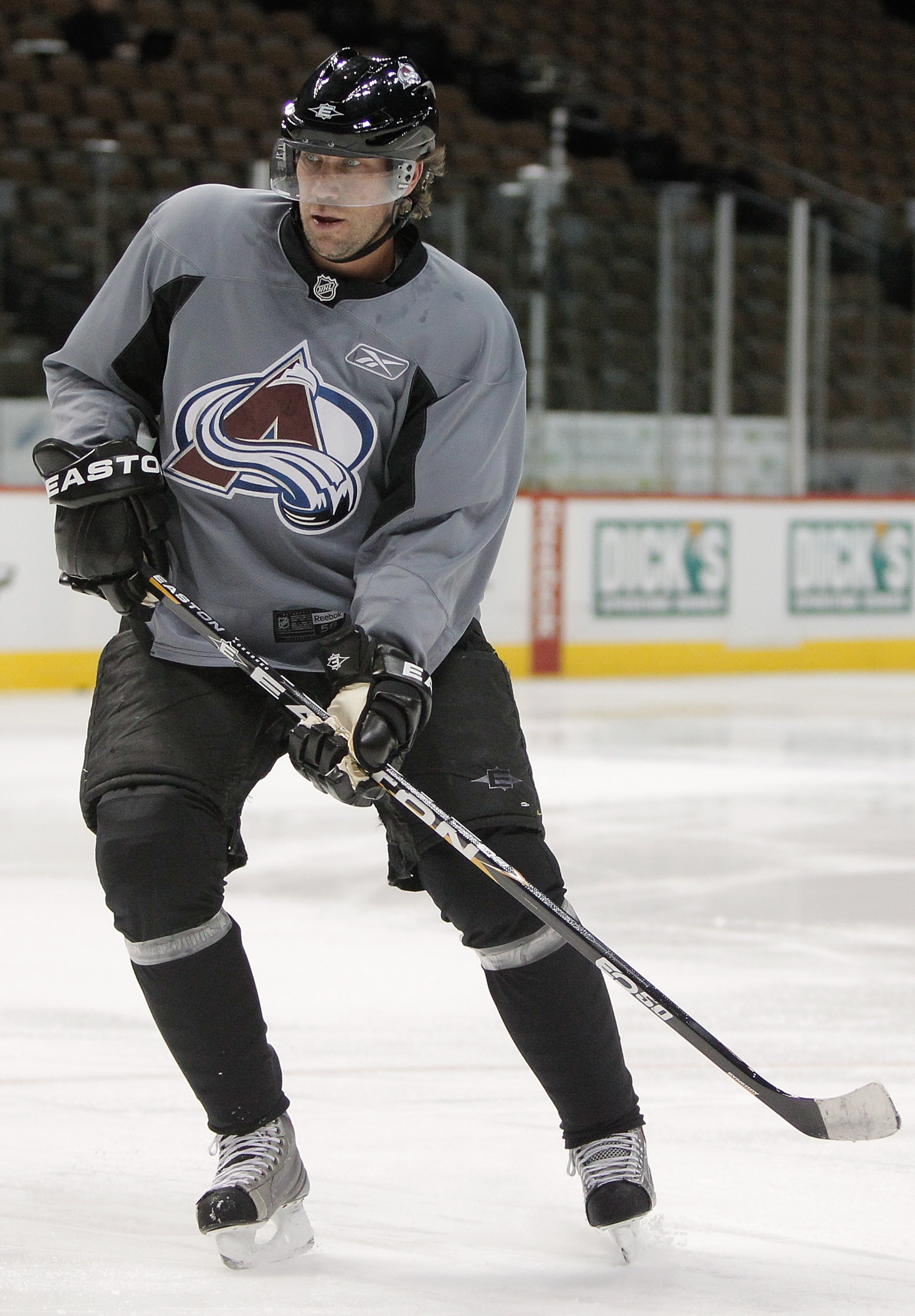 DENVER, CO - JANUARY 22:  Peter Forsberg prepares to receive the puck during a practice session with the Colorado Avalanche at the Pepsi Center on January 22, 2011 in Denver, Colorado. The star center is mulling a comeback with the team and is practicing 