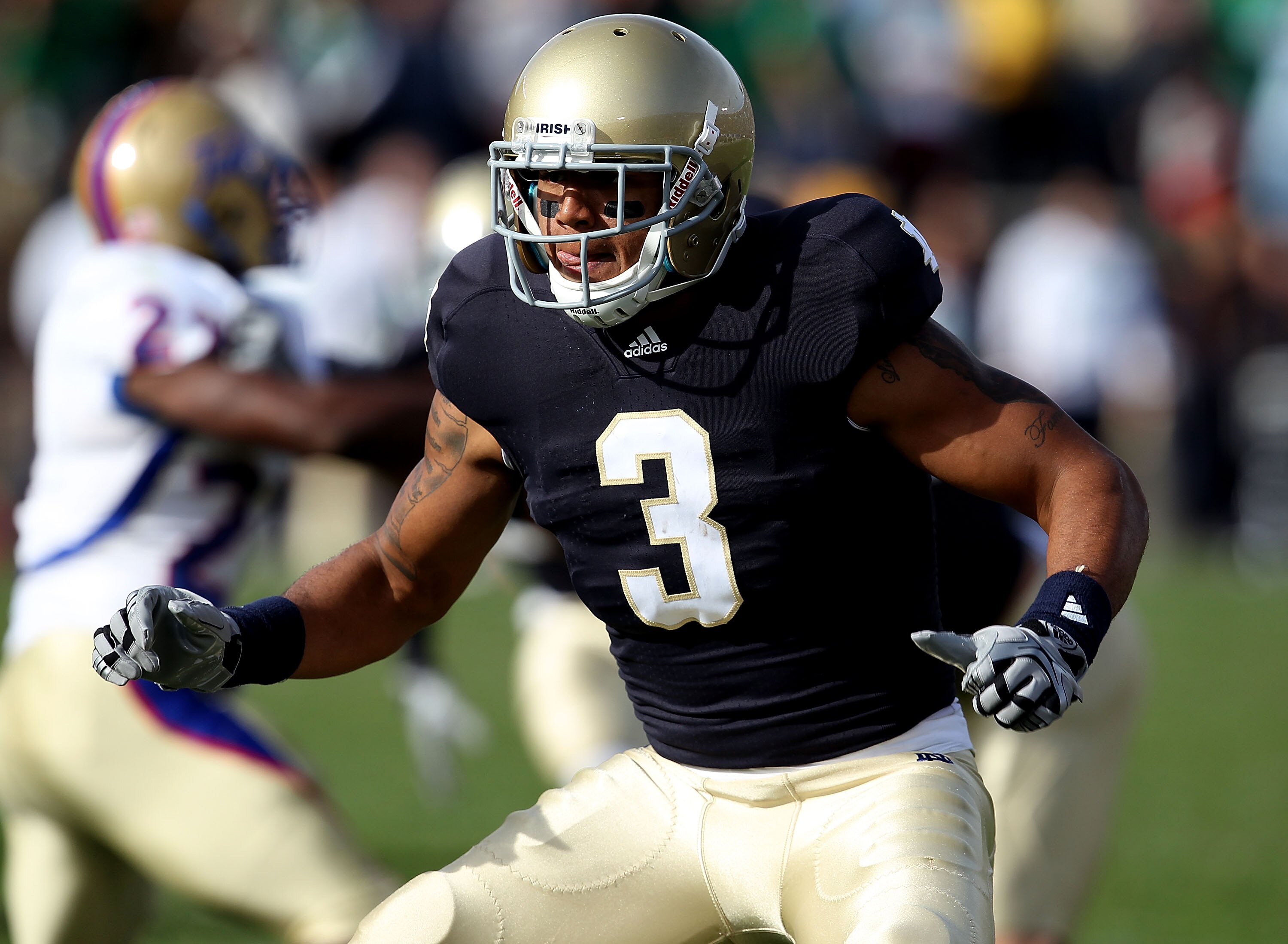 SOUTH BEND, IN - OCTOBER 30: Michael Floyd #3 of the Notre Dame Fighting Irish looks to block against the Tulsa Golden Hurricane at Notre Dame Stadium on October 30, 2010 in South Bend, Indiana. Tulsa defeated Notre Dame 28-27. (Photo by Jonathan Daniel/G