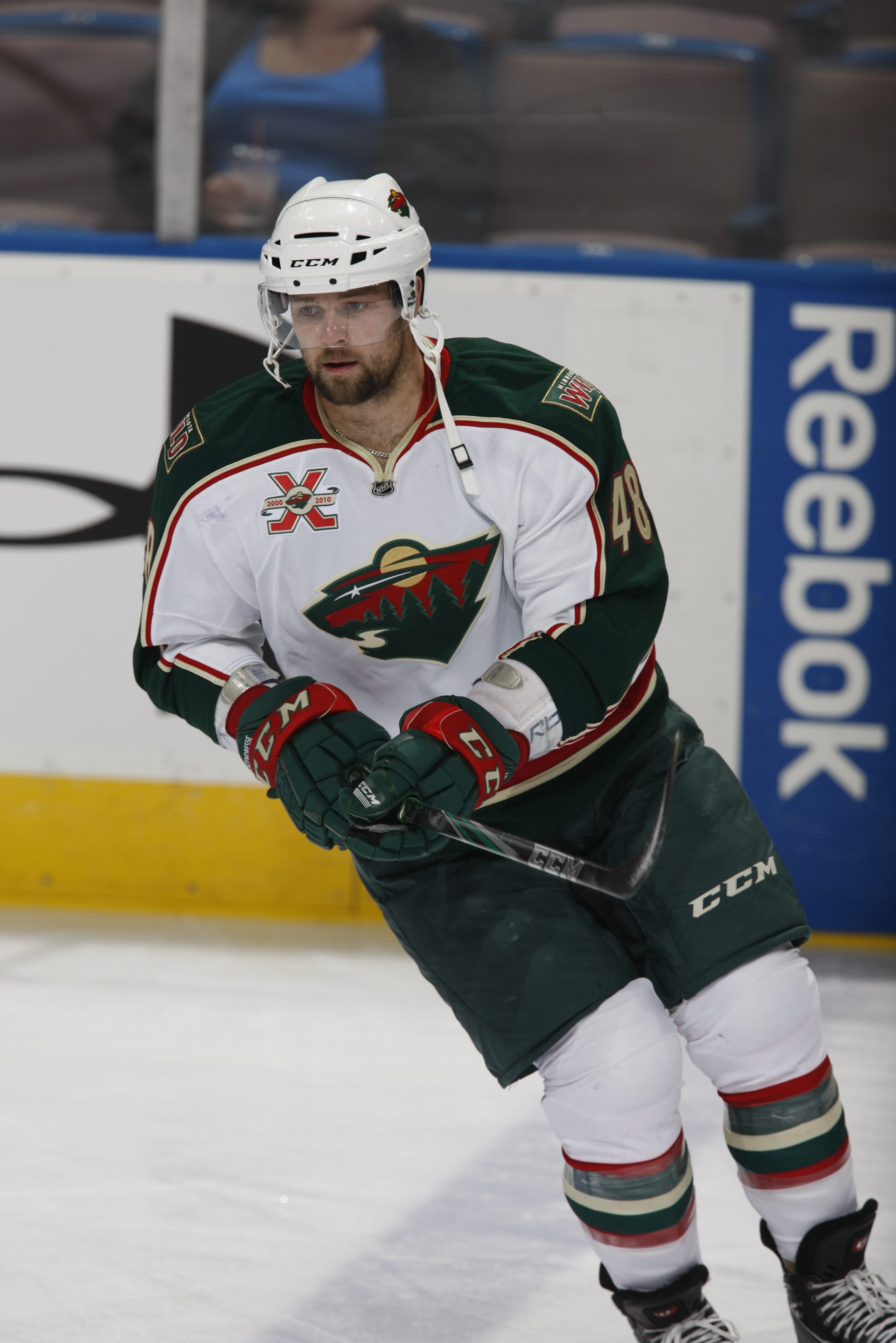 EDMONTON, CANADA - OCTOBER 21: Guillaume Latendresse #48 of the Minnesota Wild skates against the Edmonton Oilers on October 21, 2010 at Rexall Place in Edmonton, Alberta, Canada. (Photo by Dale MacMillan/Getty Images)