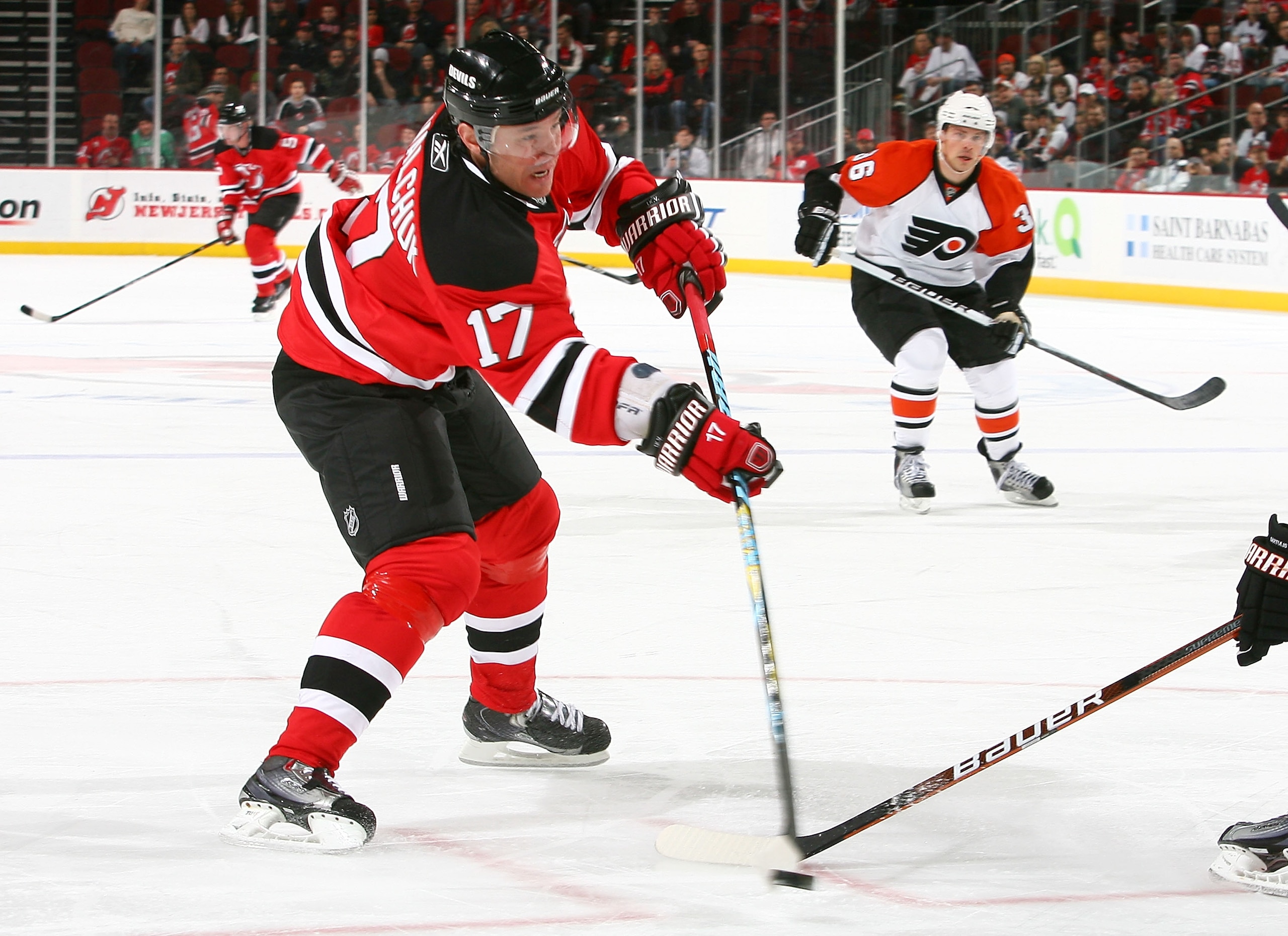 NEWARK, NJ - FEBRUARY 10:  IIya Kovalchuk #17 of the New Jersey Devils fires the puck towards the net agaisnt the Philadelphia Flyers at the Prudential Center on February 10, 2010 in Newark, New Jersey. Flyers defeated the Devils 3-2 in overtime  (Photo b