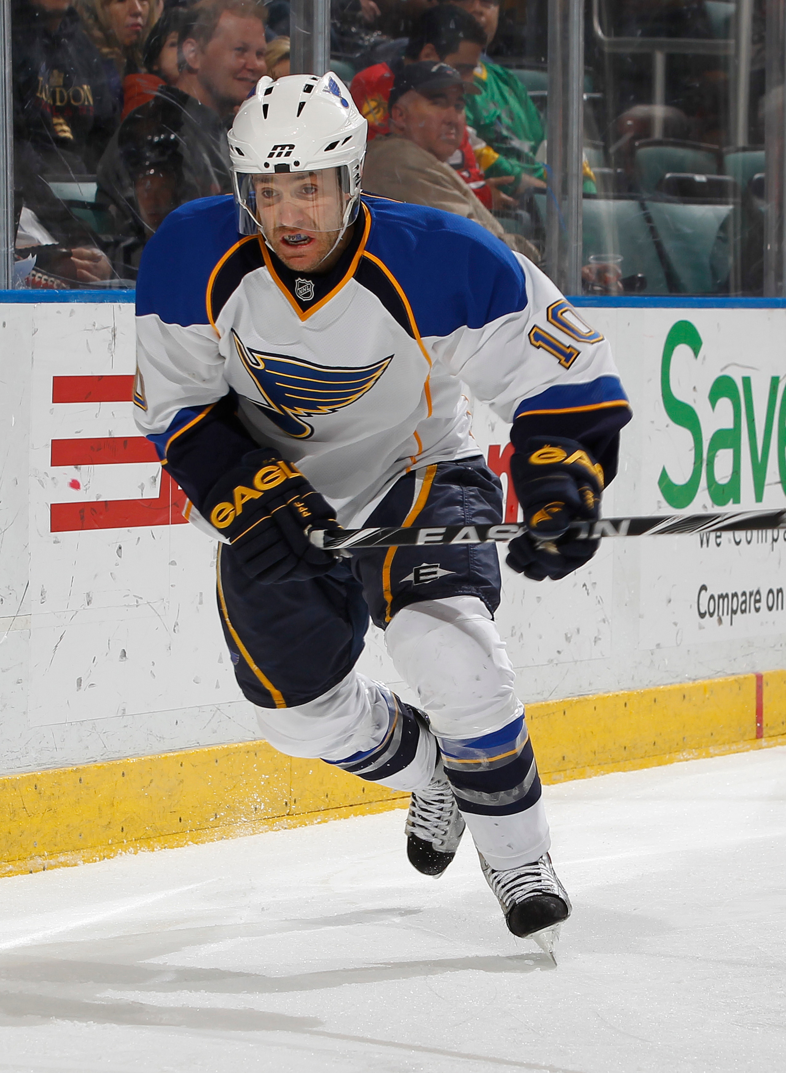 SUNRISE, FL - FEBRUARY 8: Andy McDonald #10 of the St. Louis Blues skates after the puck against the Florida Panthers on February 8, 2011 at the BankAtlantic Center in Sunrise, Florida. The Blues defeated the Panthers 2-1. (Photo by Joel Auerbach/Getty Im