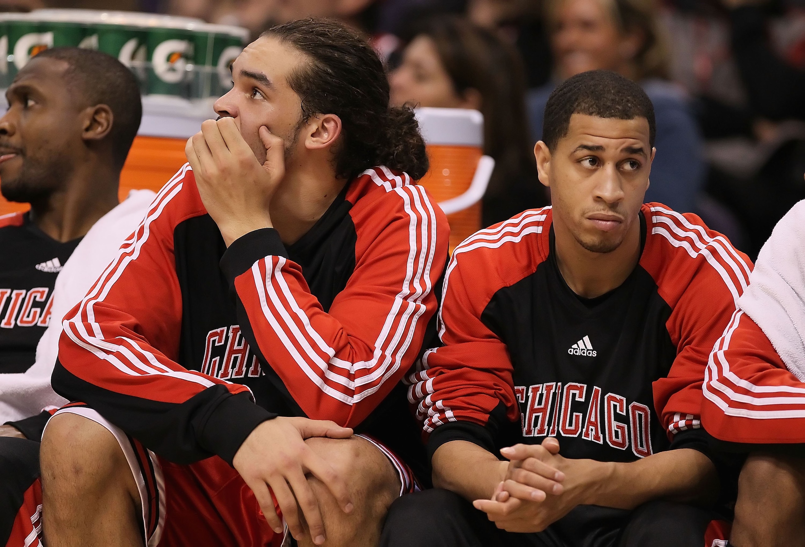 PHOENIX - JANUARY 22:  Joakim Noah #13 and Jannero Pargo #2 of the Chicago Bulls on the bench during the NBA game against the Phoenix Suns at US Airways Center on January 22, 2010 in Phoenix, Arizona. The Bulls defeated the Suns 115-104.  NOTE TO USER: Us