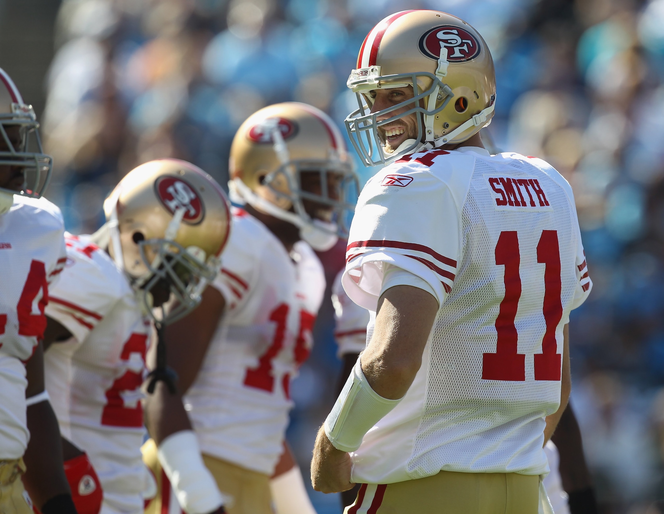 CHARLOTTE, NC - OCTOBER 24: Alex Smith #11 of the San Francisco 49ers against the Carolina Panthers during their game at Bank of America Stadium on October 24, 2010 in Charlotte, North Carolina. (Photo by Streeter Lecka/Getty Images) CHARLOTTE, NC - OCTOBER 24: Alex Smith #11 of the San Francisco 49ers against the Carolina Panthers during their game at Bank of America Stadium on October 24, 2010 in Charlotte, North Carolina. (Photo by Streeter Lecka/Getty Images)
