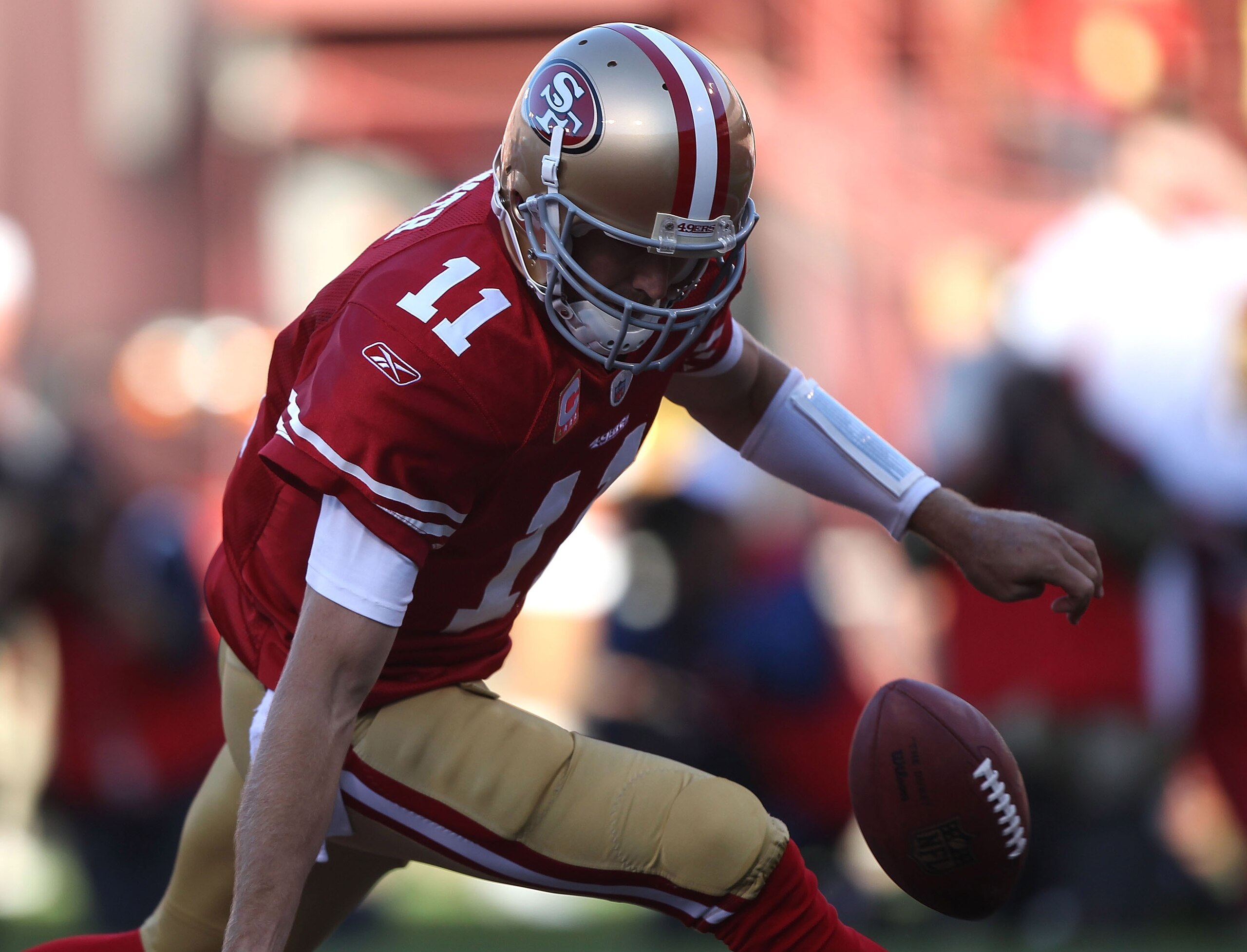 SAN FRANCISCO - SEPTEMBER 20: Alex Smith #11 of the San Francisco 49ers looses the ball in the endzone for a saftey against the New Orleans Saints during an NFL game at Candlestick Park on September 20, 2010 in San Francisco, California. (Photo by Jed J SAN FRANCISCO - SEPTEMBER 20: Alex Smith #11 of the San Francisco 49ers looses the ball in the endzone for a saftey against the New Orleans Saints during an NFL game at Candlestick Park on September 20, 2010 in San Francisco, California. (Photo by Jed J