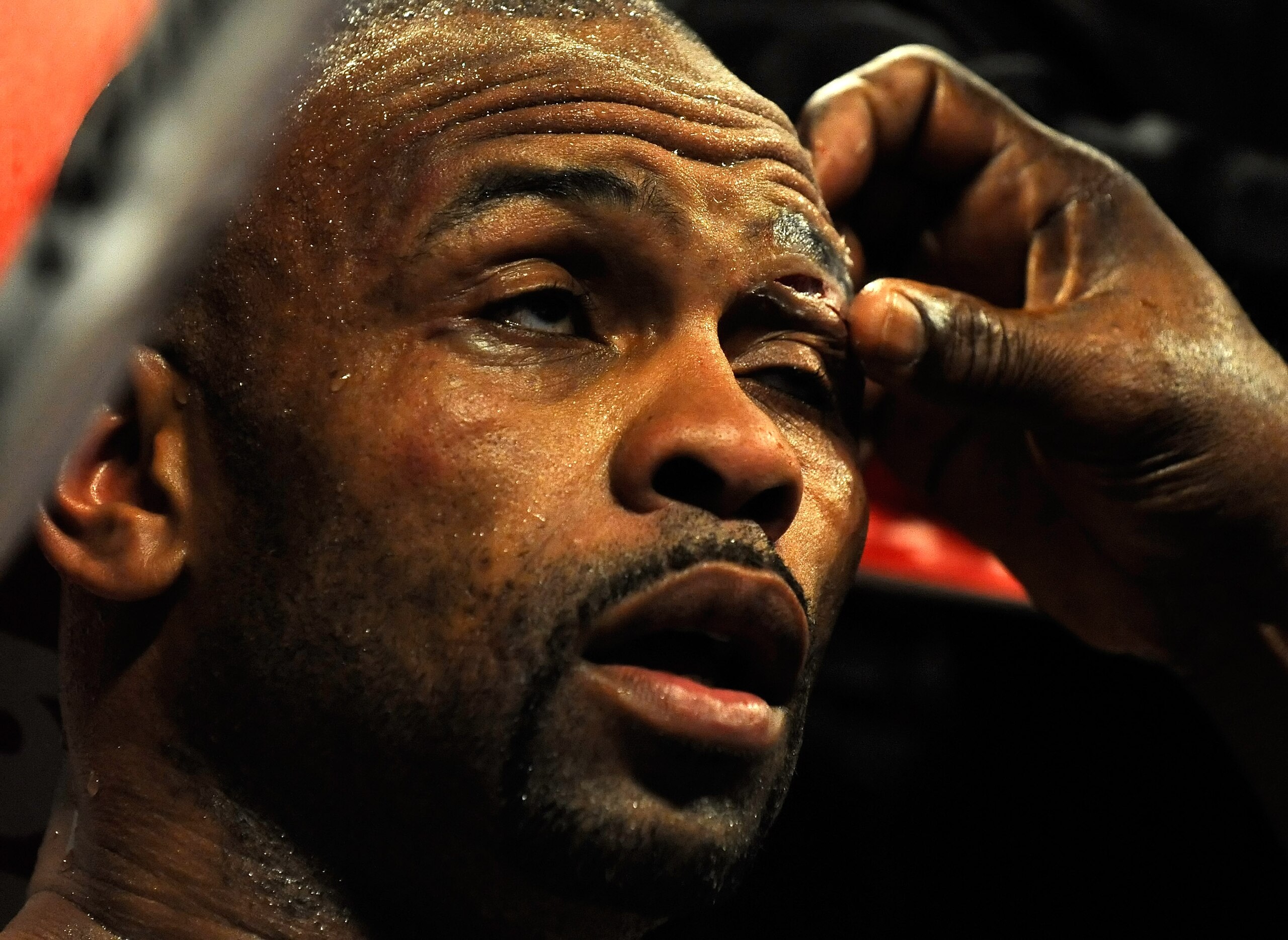 LAS VEGAS - APRIL 03:  Roy Jones Jr. has a  cut over his left eye tended to in his corner between rounds of his light heavyweight bout against Bernard Hopkins at the Mandalay Bay Events Center April 3, 2010 in Las Vegas, Nevada. Hopkins won by unanimous d