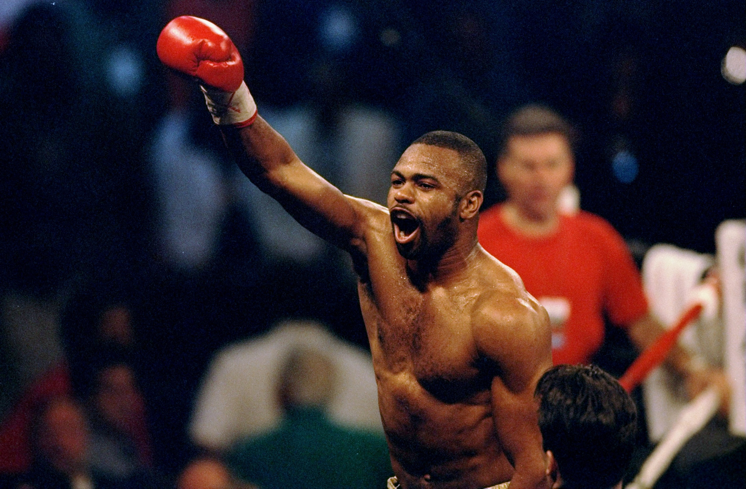 25 Apr 1998:  Roy Jones Jr. celebrates his bout against Virgil Hill at the Coast Coliseum in Biloxi, Mississippi. Mandatory Credit: Stephen Dunn  /Allsport