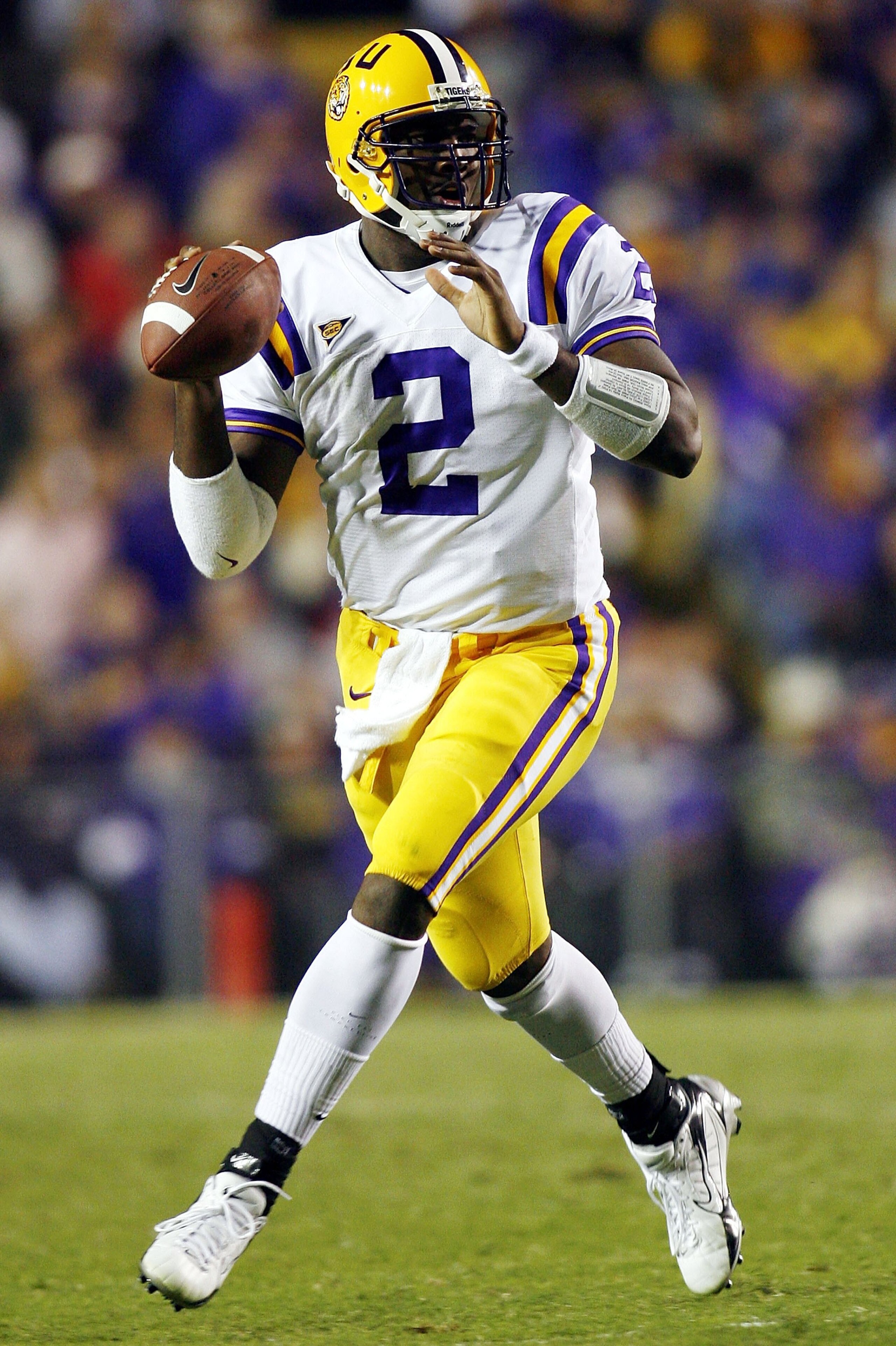 BATON ROUGE, LA - NOVEMBER 18:  Quarterback JaMarcus Russell #2 of Louisiana State looks to complete a pass against Mississippi on November 18, 2006 at Tiger Stadium in Baton Rouge, Louisiana.  LSU defeated Ole Miss 23-20 in overtime.  (Photo by Chris Gra