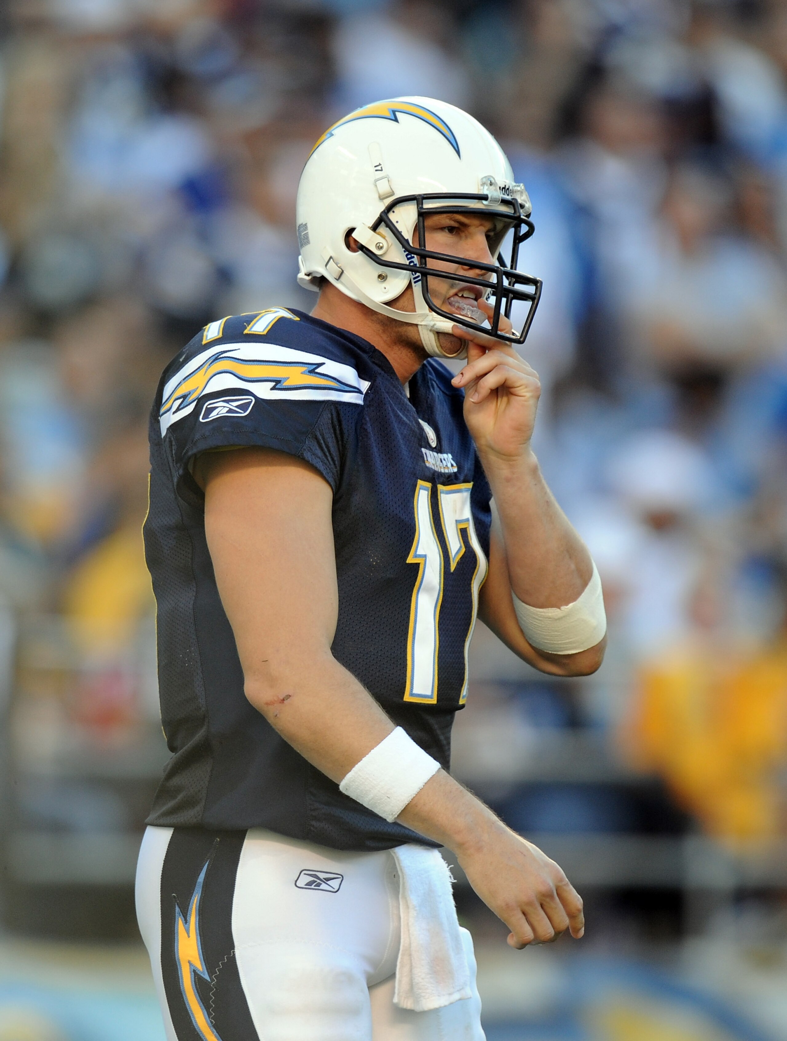SAN DIEGO, CA - DECEMBER 12:  Philip Rivers #17 of the San Diego Chargers reacts after a penalty during the game against the Kansas City Chiefs at Qualcomm Stadium on December 12, 2010 in San Diego, California.  (Photo by Harry How/Getty Images)
