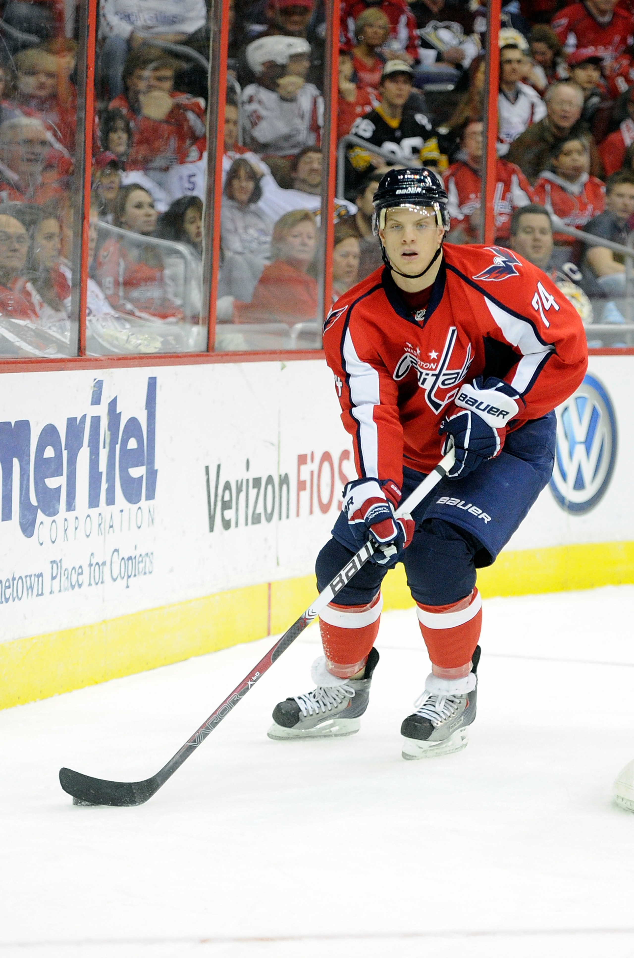 WASHINGTON, DC - FEBRUARY 06:  John Carlson #74 of the Washington Capitals handles the puck against the Pittsburgh Penguins at the Verizon Center on February 6, 2011 in Washington, DC.  (Photo by Greg Fiume/Getty Images)