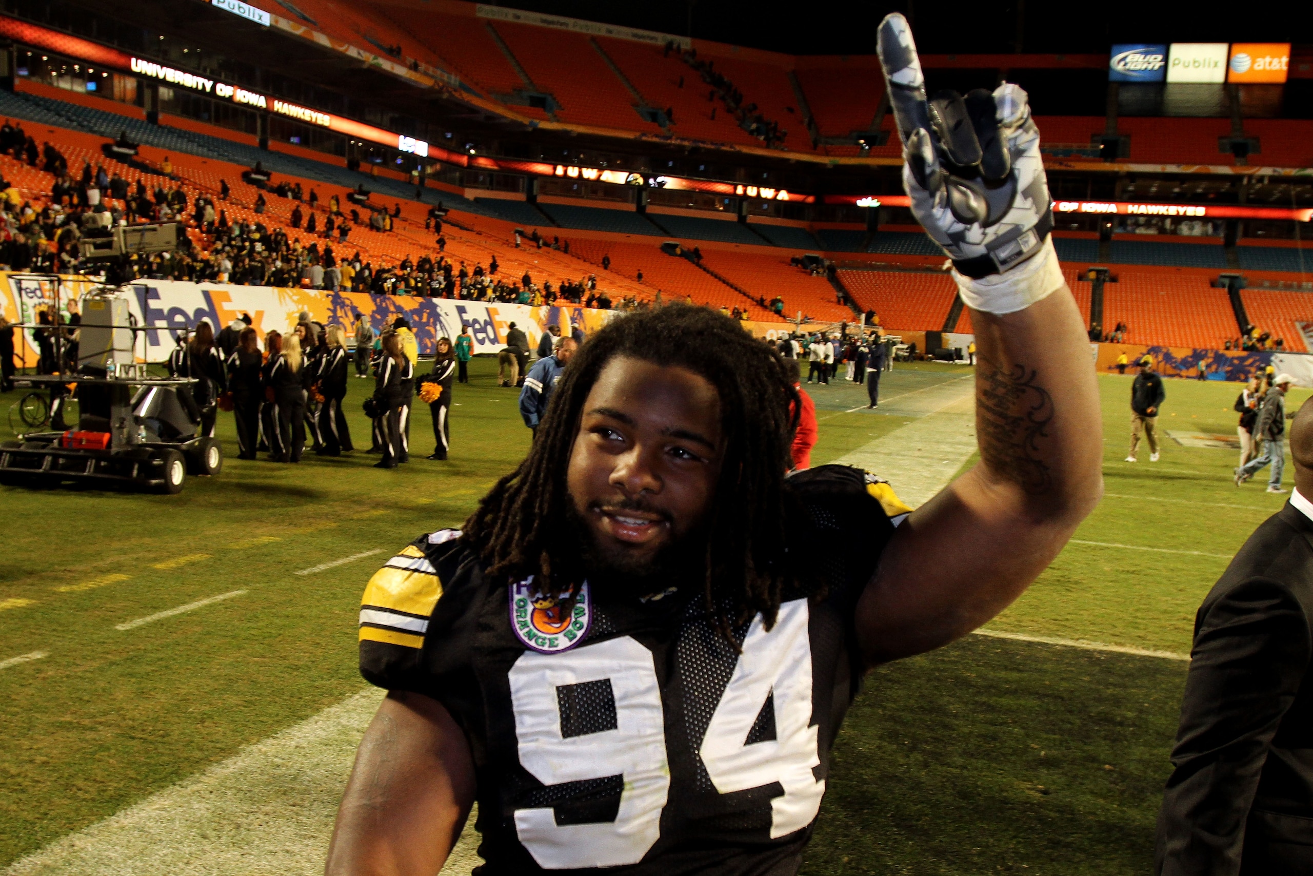 MIAMI GARDENS, FL - JANUARY 05: Adrian Clayborn #94 of the Iowa Hawkeyes celebrates as he walks off the field after their 24-14 win against the Georgia Tech Yellow Jackets during the FedEx Orange Bowl at Land Shark Stadium on January 5, 2010 in Miami Gar MIAMI GARDENS, FL - JANUARY 05: Adrian Clayborn #94 of the Iowa Hawkeyes celebrates as he walks off the field after their 24-14 win against the Georgia Tech Yellow Jackets during the FedEx Orange Bowl at Land Shark Stadium on January 5, 2010 in Miami Gar