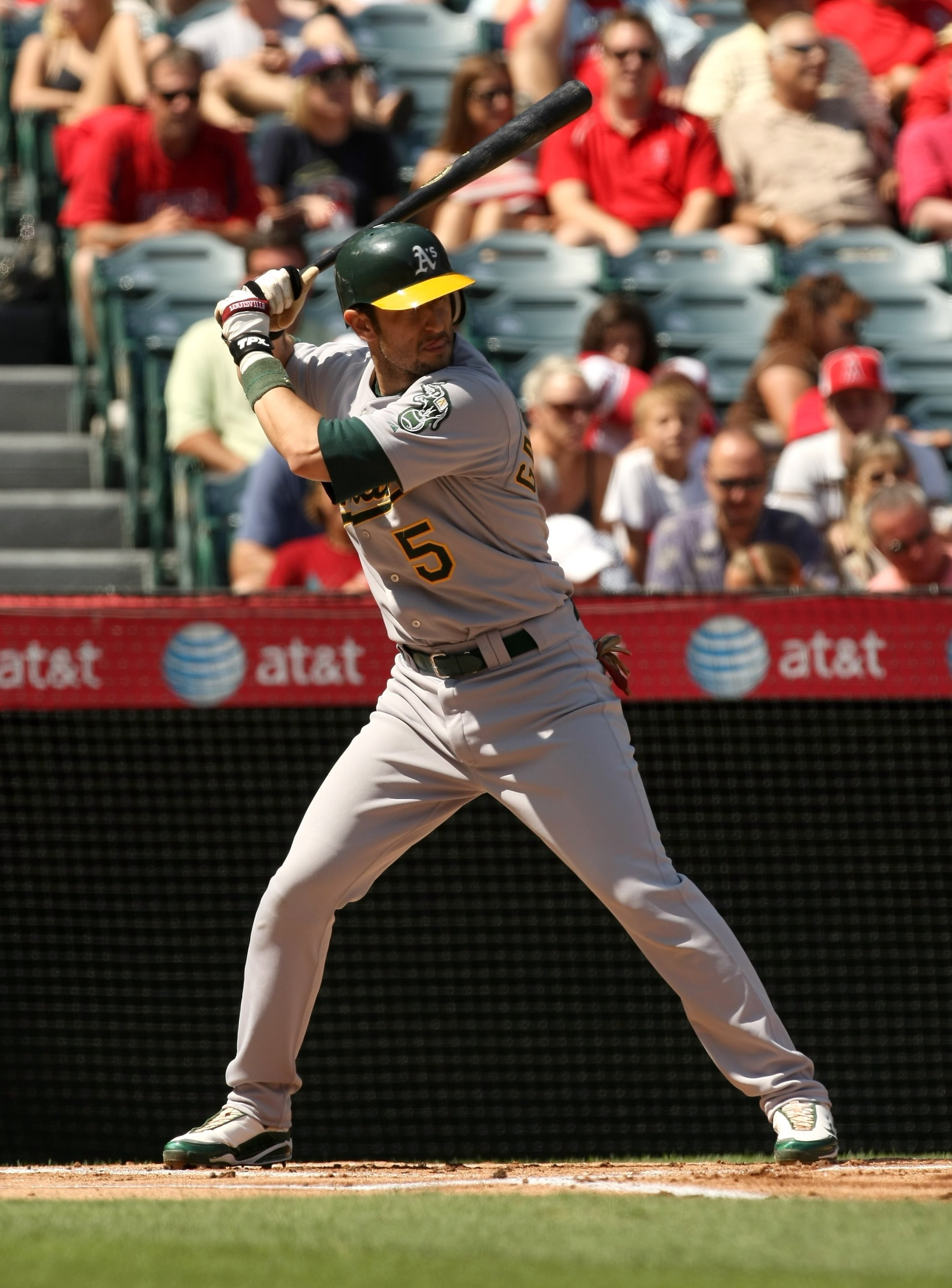 ANAHEIM, CA - SEPTEMBER 27:  Nomar Garciaparra #5 of the Oakland Athletics bats against the Los Angeles Angels of Anaheim on September 27, 2009 at Angel Stadium in Anaheim, California.   The Angels won 7-4.  (Photo by Stephen Dunn/Getty Images)