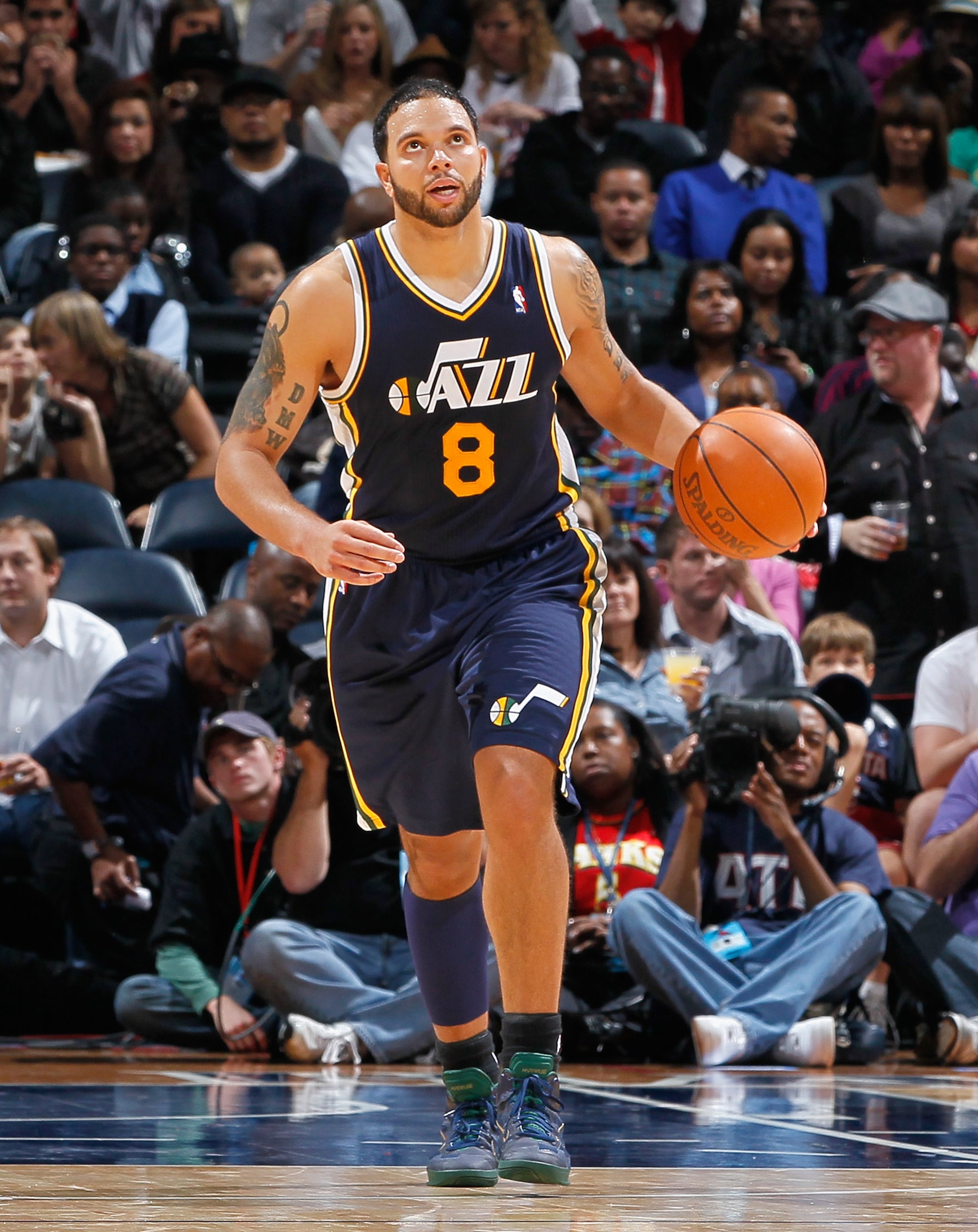 ATLANTA - NOVEMBER 12:  Deron Williams #8 of the Utah Jazz against the Atlanta Hawks at Philips Arena on November 12, 2010 in Atlanta, Georgia.  NOTE TO USER: User expressly acknowledges and agrees that, by downloading and/or using this Photograph, User i