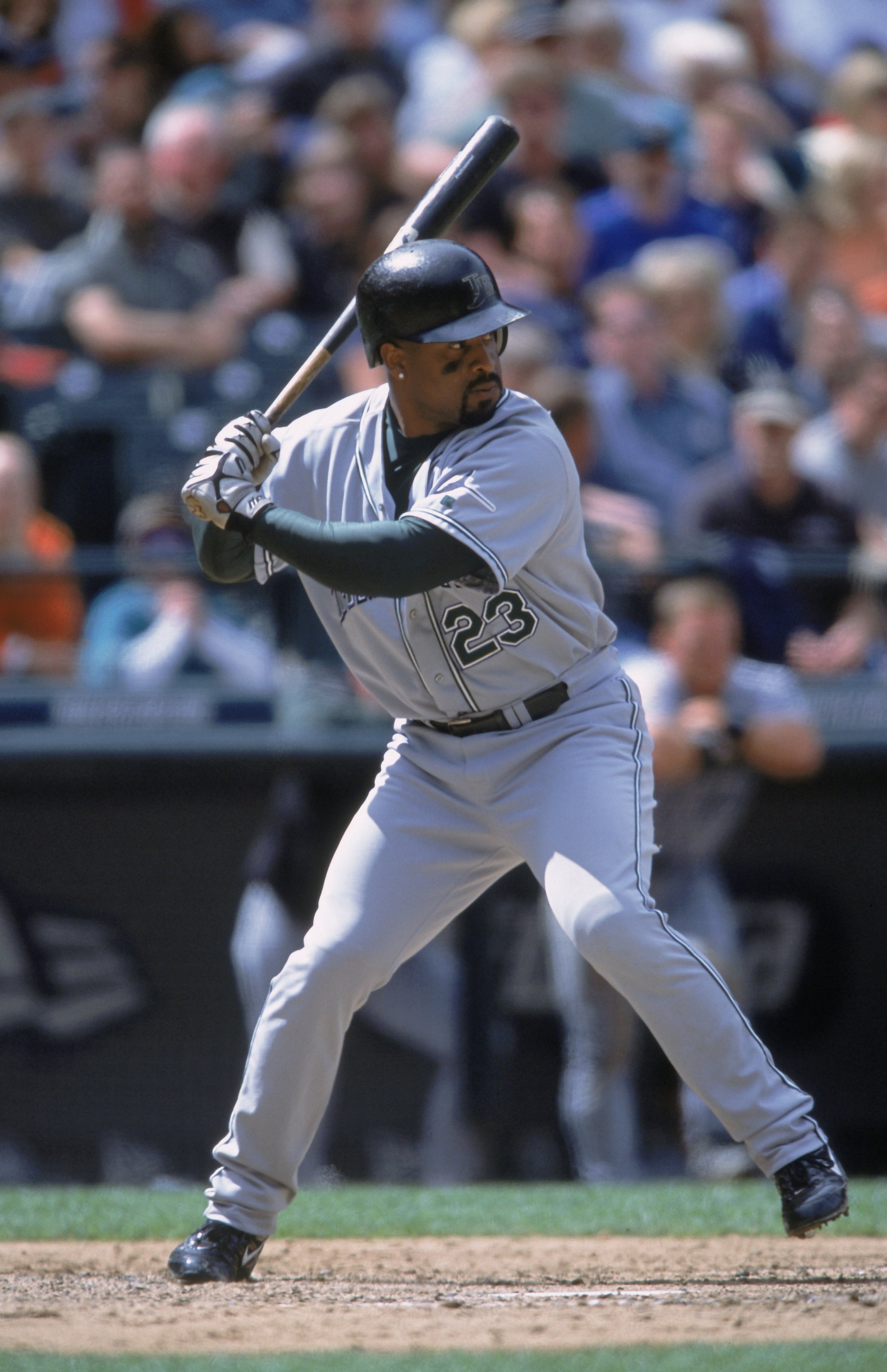 3 Jun 2001:  Greg Vaughn #23 of the Tampa Bay Devil Rays swings at the ball during the game against the Seattle Mariners at Safeco Field in Seattle, Washington. The Mariners defeated the Devil Rays 8-4.Mandatory Credit: Otto Greule Jr  /Allsport