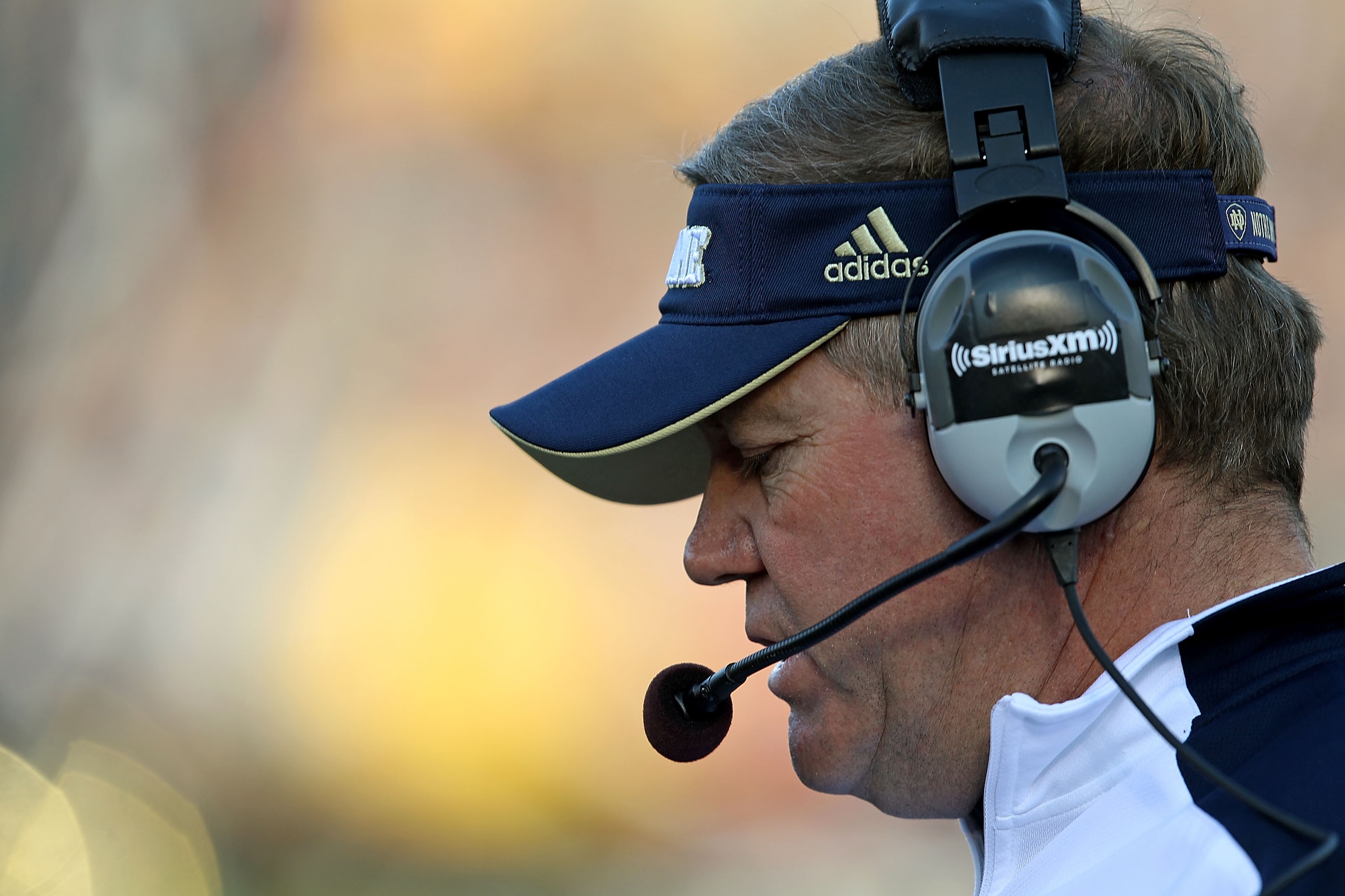 SOUTH BEND, IN - OCTOBER 30: Head coach Brian Kelly of the Notre Dame Fighting Irish watches as his team takes on the Tulsa Golden Hurricane at Notre Dame Stadium on October 30, 2010 in South Bend, Indiana. Tulsa defeated Notre Dame 28-27. (Photo by Jonat