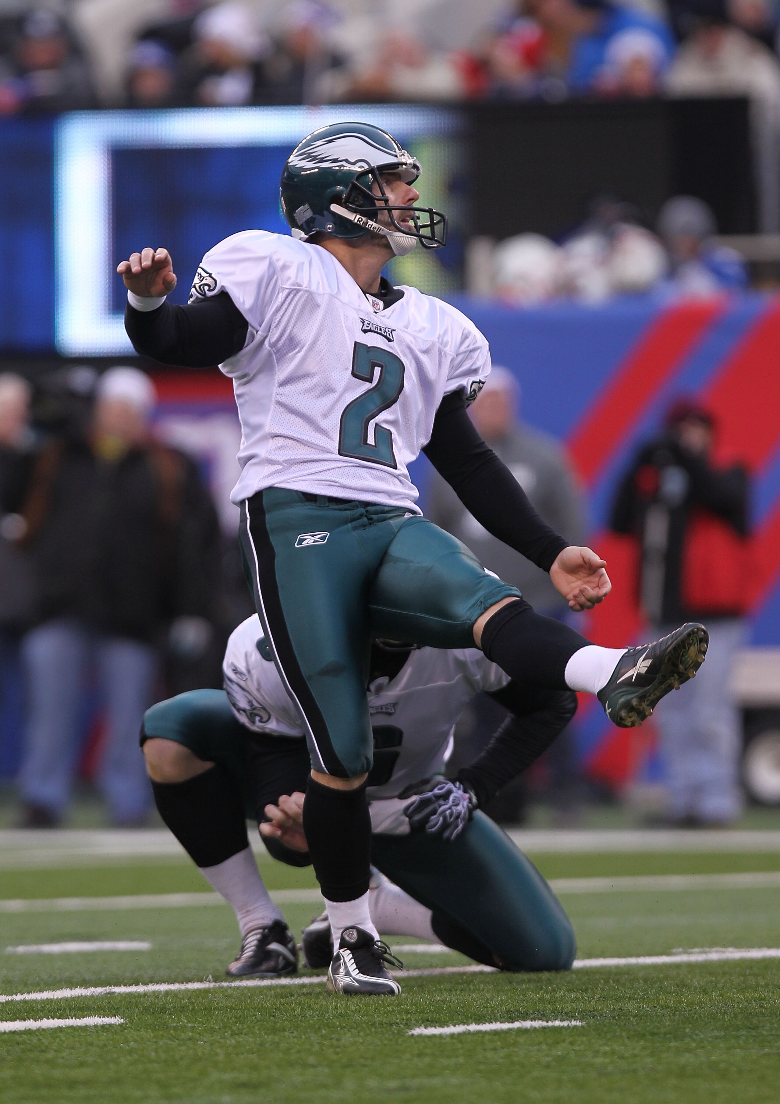 EAST RUTHERFORD, NJ - DECEMBER 19:  David Akers #2 of the Philadelphia Eagles kicks against the New York Giants at New Meadowlands Stadium on December 19, 2010 in East Rutherford, New Jersey.  (Photo by Nick Laham/Getty Images)