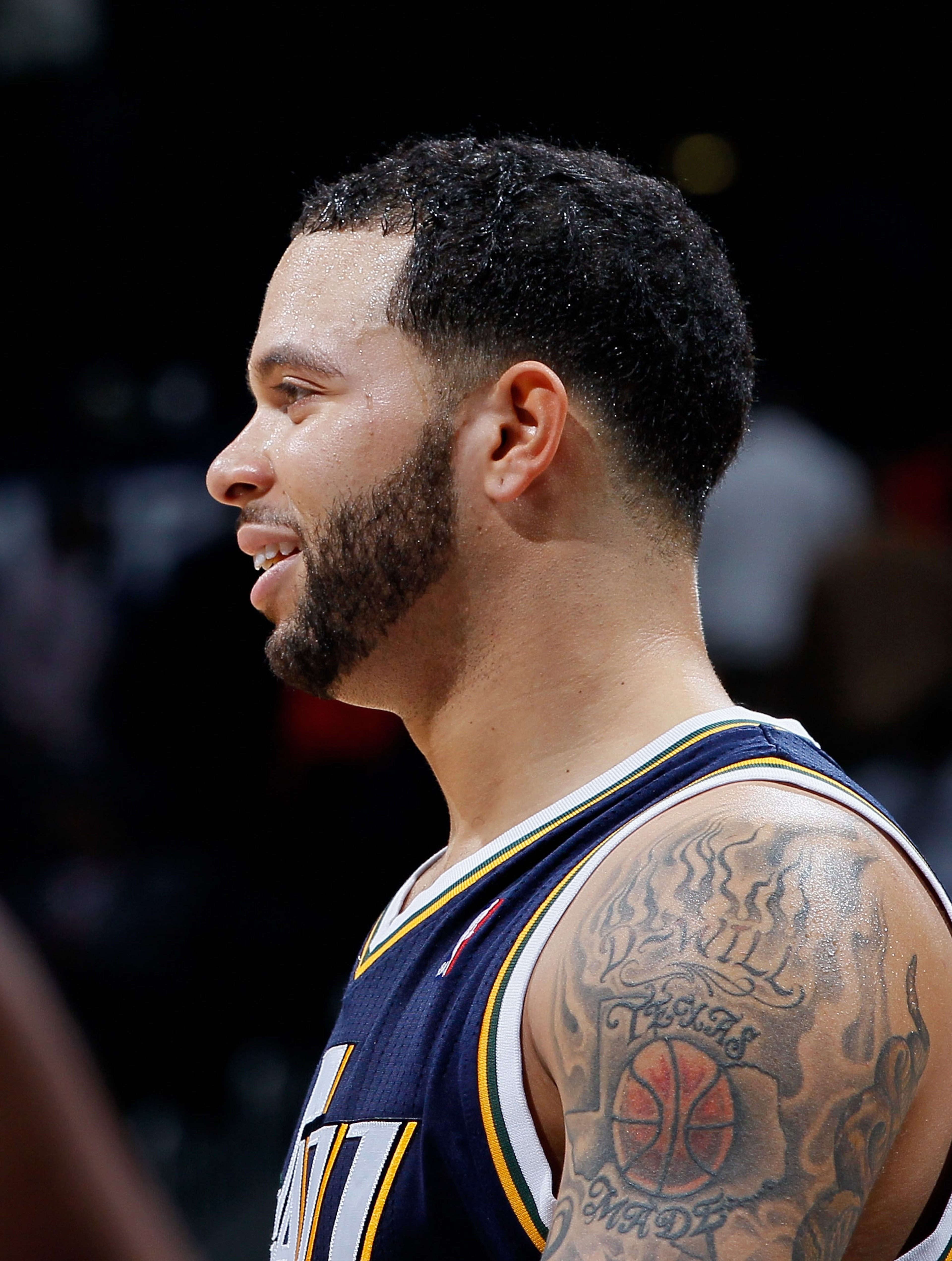 ATLANTA - NOVEMBER 12: Deron Williams #8 of the Utah Jazz reacts after their 90-86 win over the Atlanta Hawks at Philips Arena on November 12, 2010 in Atlanta, Georgia. NOTE TO USER: User expressly acknowledges and agrees that, by downloading and/or usi ATLANTA - NOVEMBER 12: Deron Williams #8 of the Utah Jazz reacts after their 90-86 win over the Atlanta Hawks at Philips Arena on November 12, 2010 in Atlanta, Georgia. NOTE TO USER: User expressly acknowledges and agrees that, by downloading and/or usi