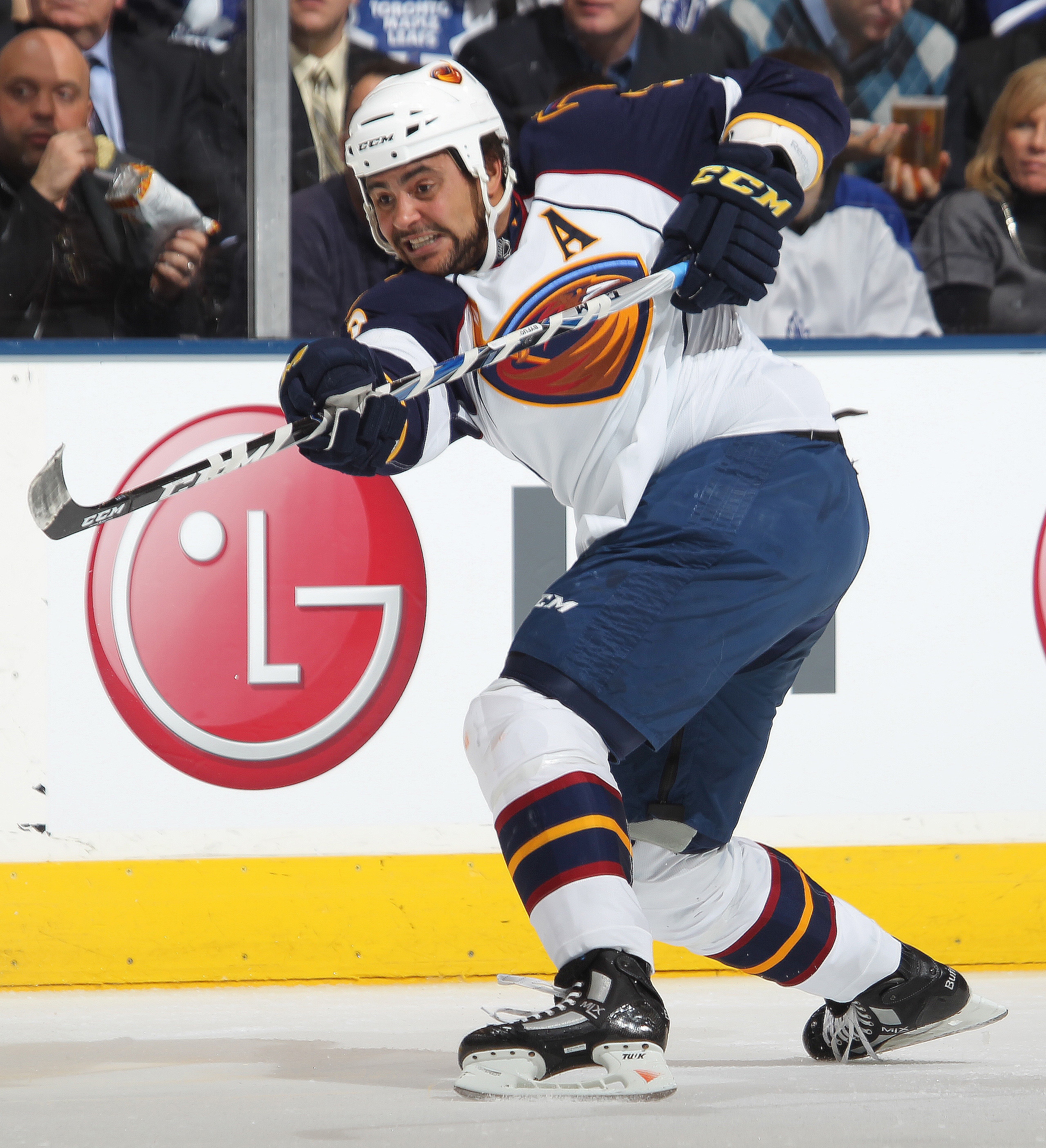 TORONTO, CAN - FEBRUARY 7:  Dustin Byfuglien #33 of the Atlanta Thrashers fires a shot in a game against the Toronto Maple Leafs on February 7, 2011 at the Air Canada Centre in Toronto, Canada. The Leafs defeated the Thrashers 5-4. (Photo by Claus Anderse