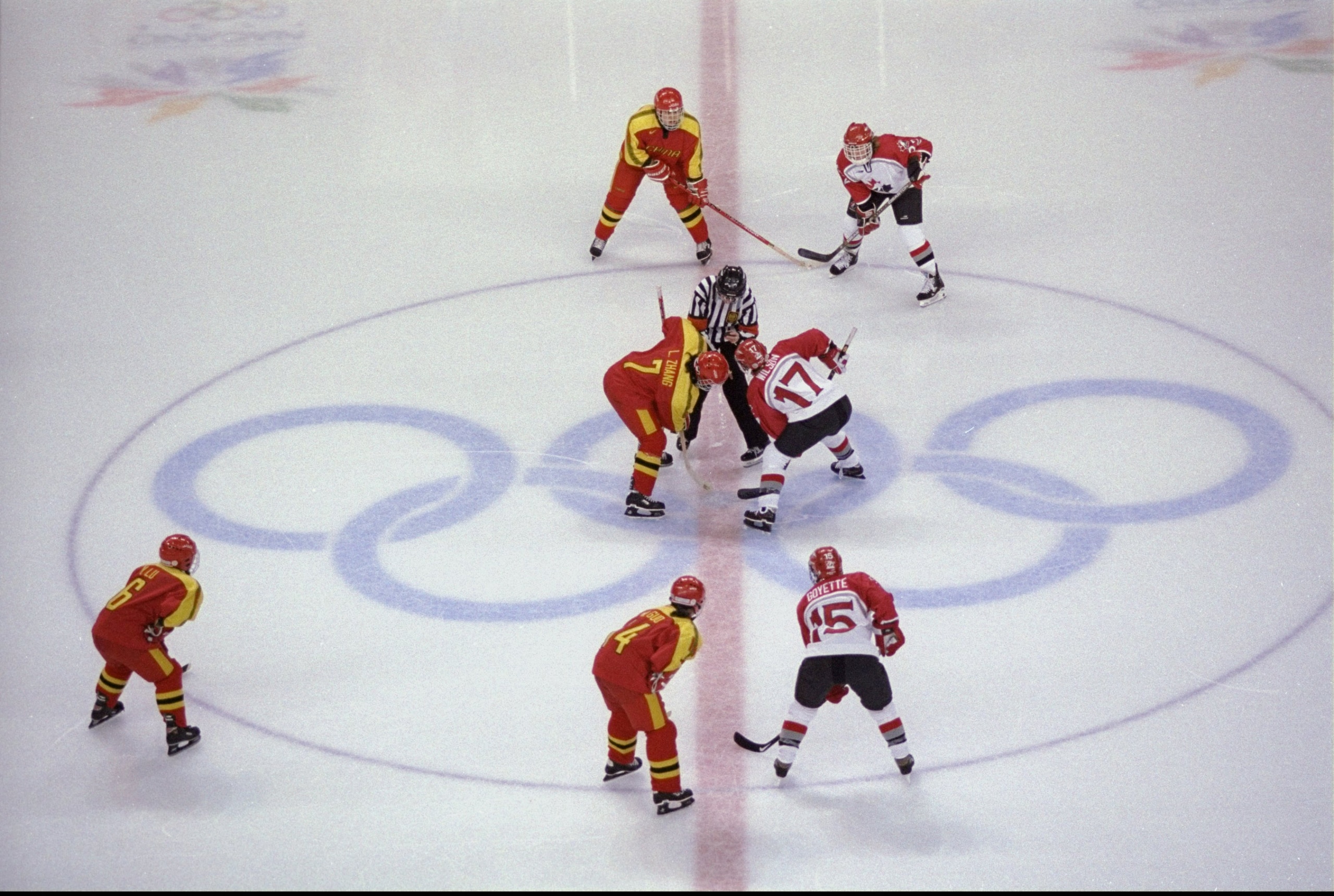 9 Feb 1998:  Lan Zhang of China competes against Stacey Wilson of Canada in a women''s hockey match during the Winter Olympics in Nagano, Japan. Mandatory Credit: Mike Hewit  /Allsport