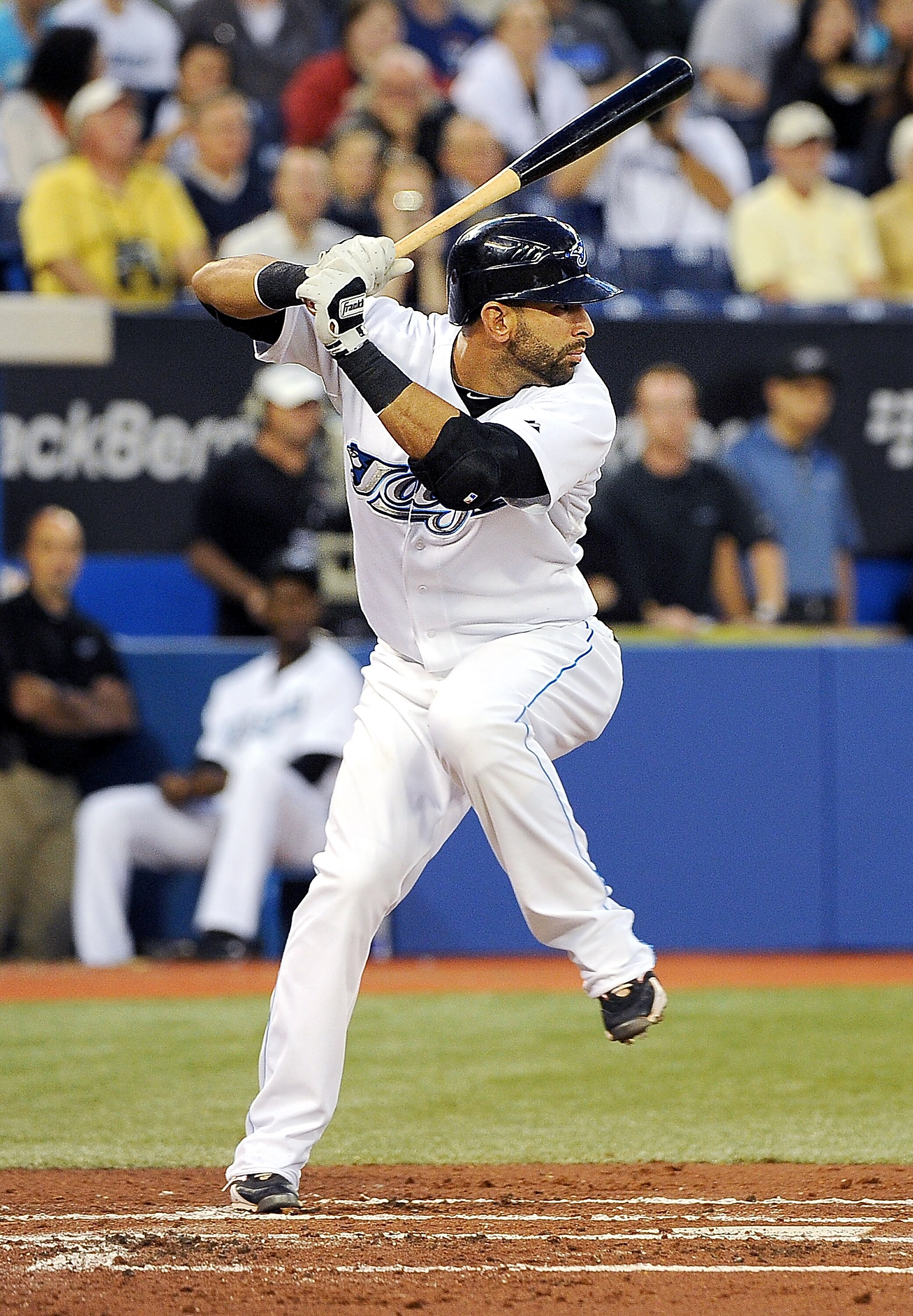 TORONTO, ON - SEPTEMBER 22: Jose Bautista #19 of the Toronto Blue Jays prepares to swing at the ball during a game against the Seattle Mariners on September 22, 2010 in Toronto, Canada. (Photo by Matthew Manor/Getty Images)