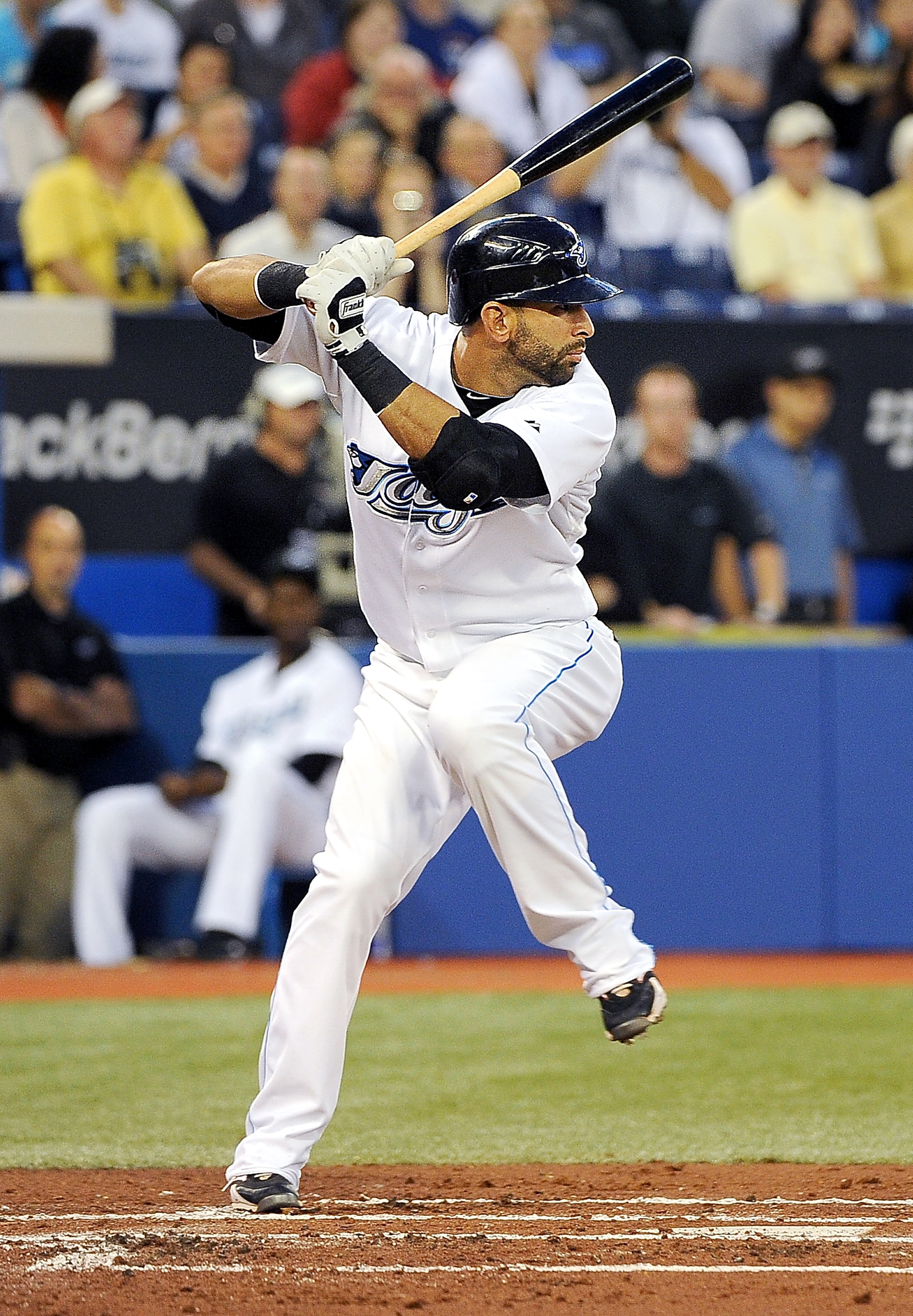 TORONTO, ON - SEPTEMBER 22: Jose Bautista #19 of the Toronto Blue Jays prepares to swing at the ball during a game against the Seattle Mariners on September 22, 2010 in Toronto, Canada. (Photo by Matthew Manor/Getty Images)