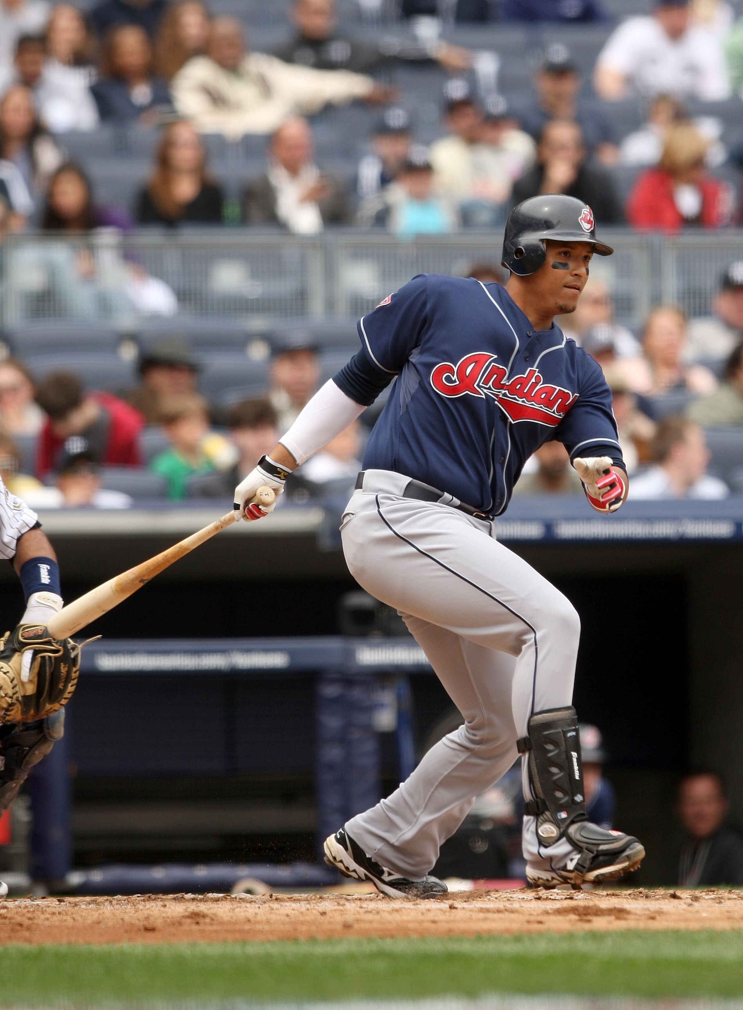 NEW YORK - APRIL 19:  Victor Martinez #41 of the Cleveland Indians bats against the New York Yankees at Yankee Stadium on April 19, 2009 in the Bronx borough of New York City.  (Photo by Ezra Shaw/Getty Images)
