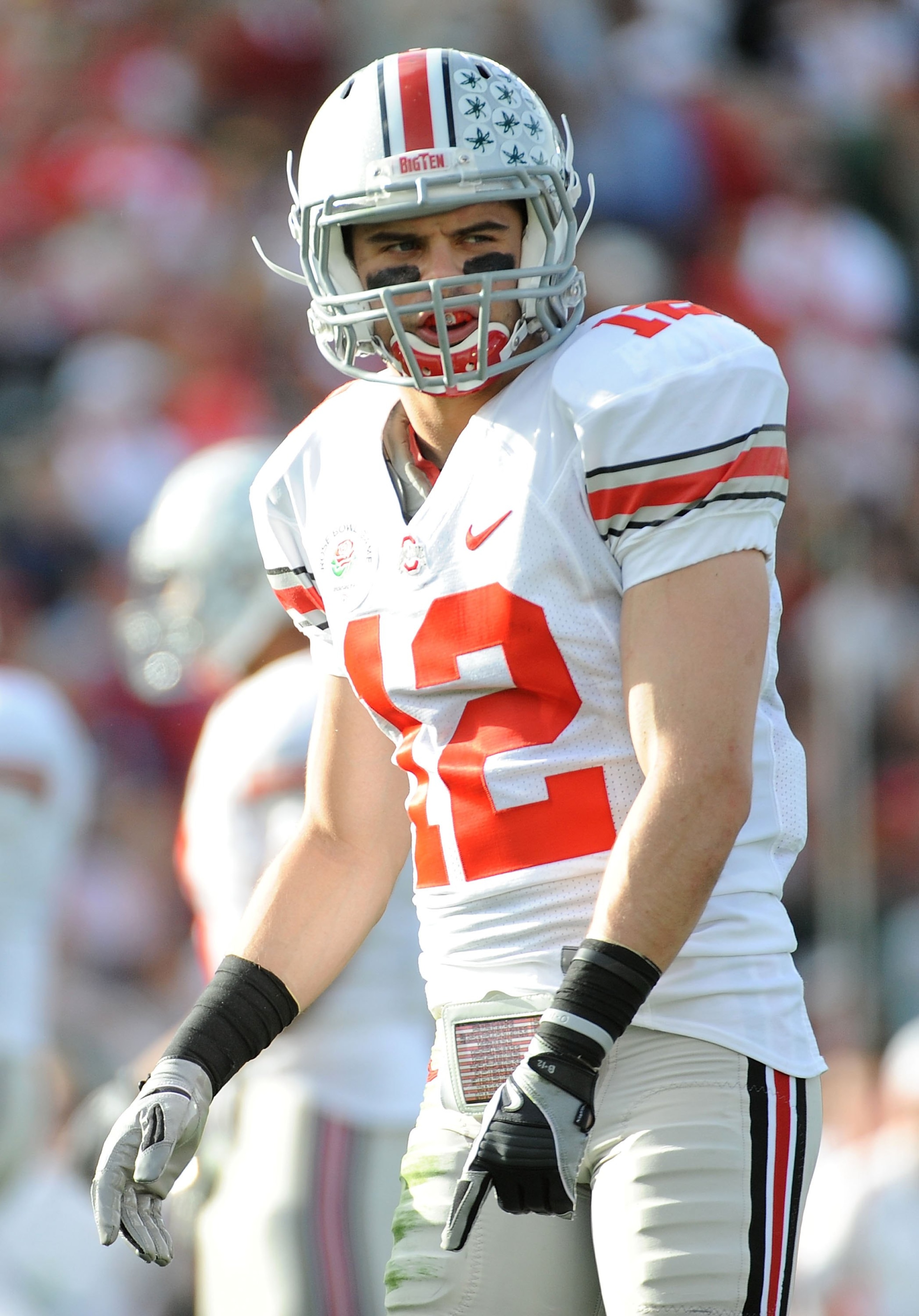 PASADENA, CA - JANUARY 01:  Wide receiver Dane Sanzenbacher #12 of the Ohio State Buckeyes stands on the field during the game against the Oregon Ducks in the 96th Rose Bowl game on January 1, 2010 in Pasadena, California.  (Photo by Harry How/Getty Image