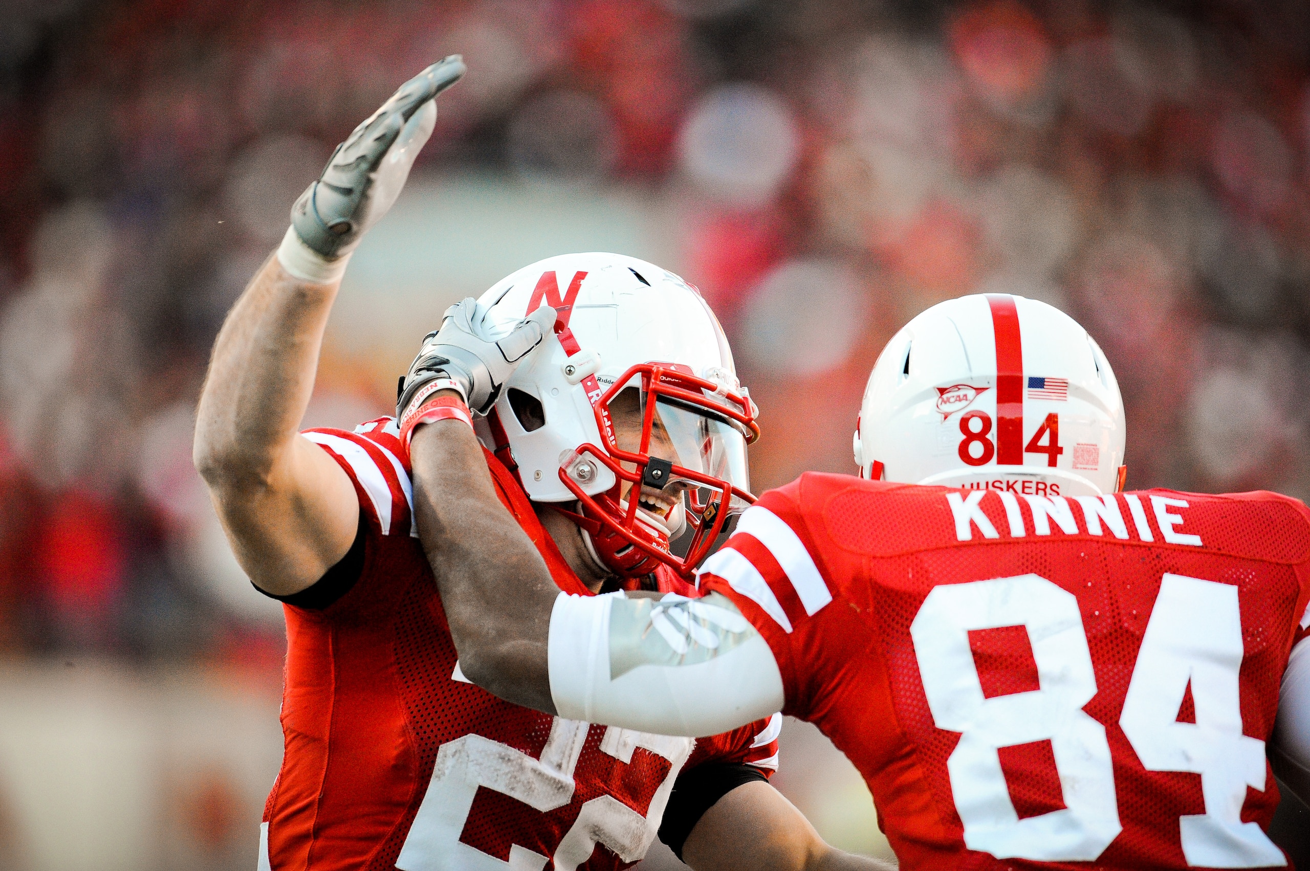 LINCOLN, NE - NOVEMBER 26: Rex Burkhead #22 of the Nebraska Cornhuskers celebrates his touchdown pass with Brandon Kinnie #84 during their game at Memorial Stadium on November 26, 2010 in Lincoln, Nebraska. Nebraska defeated Colorado 45-17 (Photo by Eri LINCOLN, NE - NOVEMBER 26: Rex Burkhead #22 of the Nebraska Cornhuskers celebrates his touchdown pass with Brandon Kinnie #84 during their game at Memorial Stadium on November 26, 2010 in Lincoln, Nebraska. Nebraska defeated Colorado 45-17 (Photo by Eri