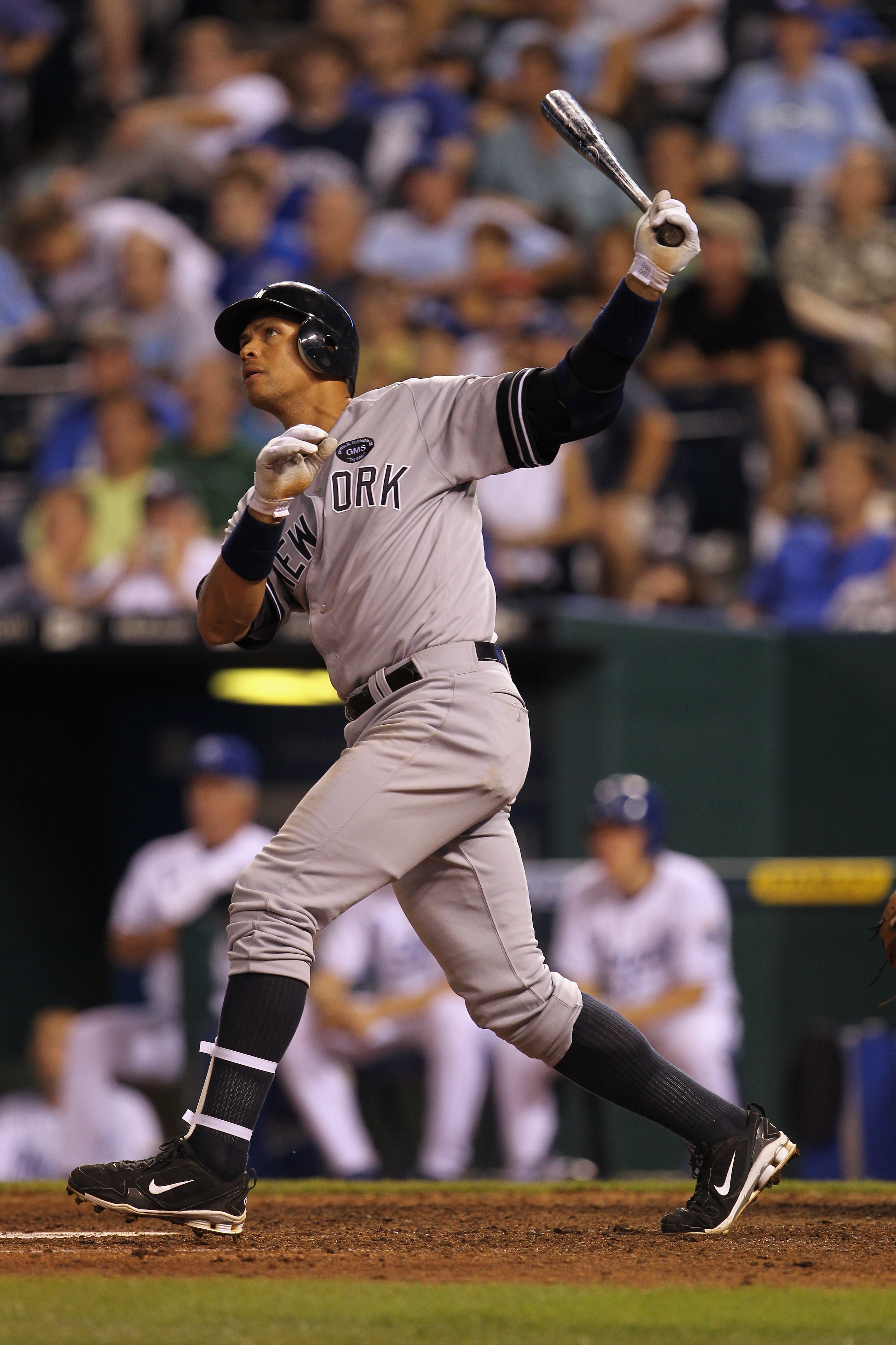 KANSAS CITY, MO - AUGUST 14:  Alex Rodriguez #13 of the New York Yankees hits his 3rd home run of the night during the 8th inning of the game against the Kansas City Royals on August 14, 2010 at Kauffman Stadium in Kansas City, Missouri.  (Photo by Jamie
