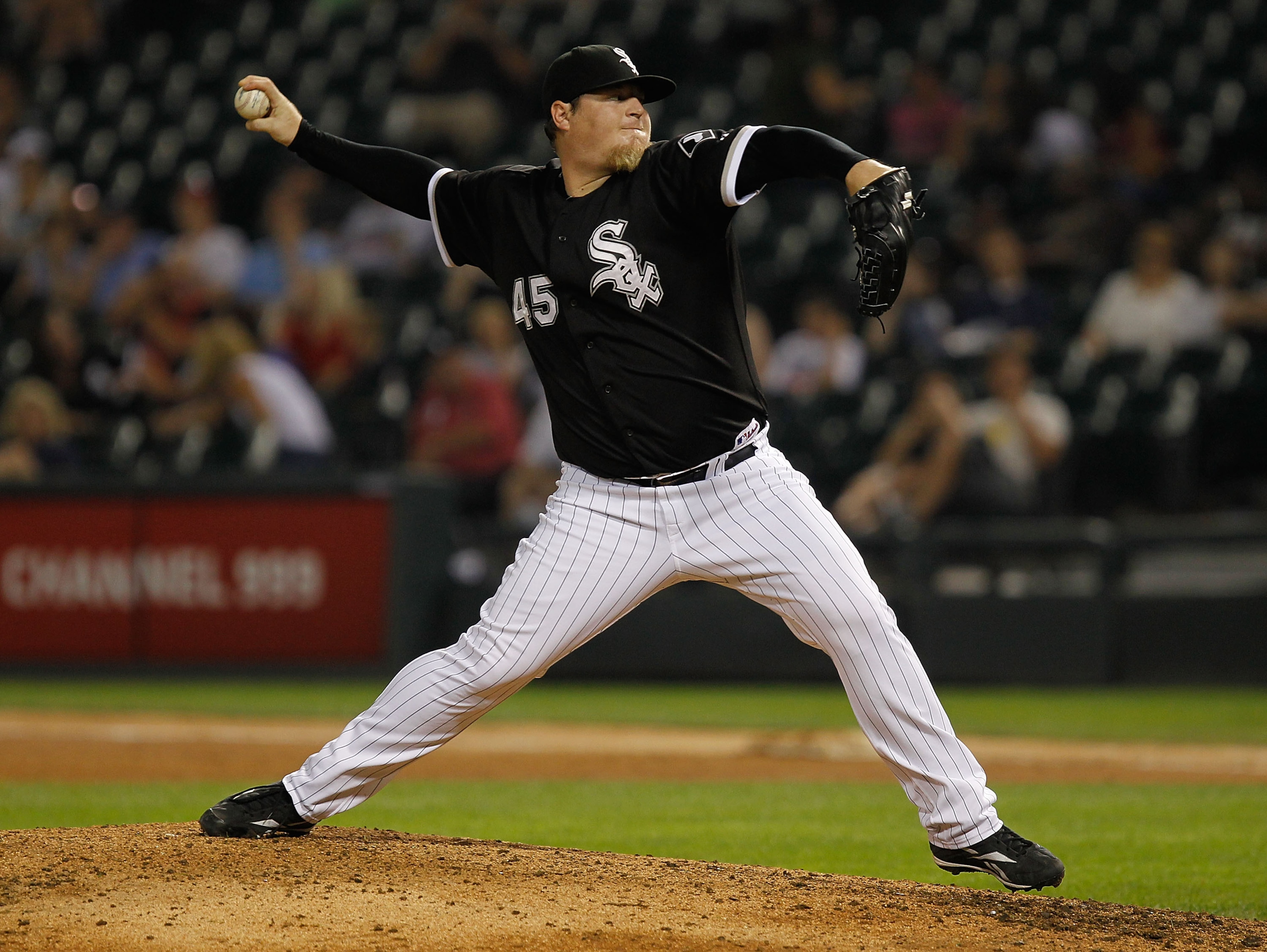 CHICAGO - JULY 07: Bobby Jenks #45 of the Chicago White Sox pitches in the 9th inning against the Los Angeles Angels of Anaheim at U.S. Cellular Field on July 7, 2010 in Chicago, Illinois. The White Sox defeated the Angels 5-2. (Photo by Jonathan Daniel/G