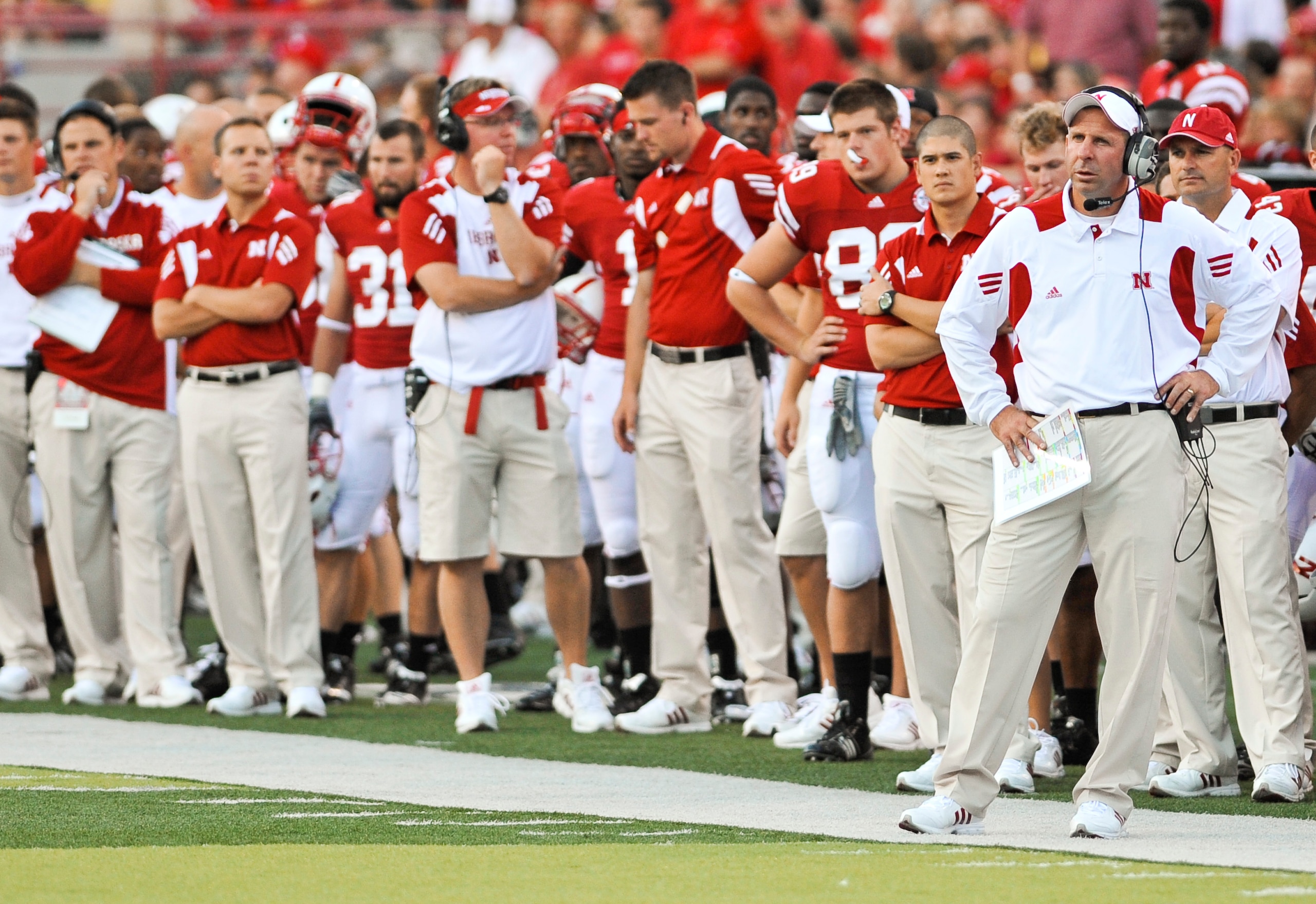LINCOLN, NE - SEPTEMBER 04:  Head Coach Bo Pelini of the Nebraska Cornhuskers watches first half action of their game at against the Western Kentucky Hilltopers at Memorial Stadium on September 4, 2010 in Lincoln, Nebraska.  Nebraska defeated Western Kent